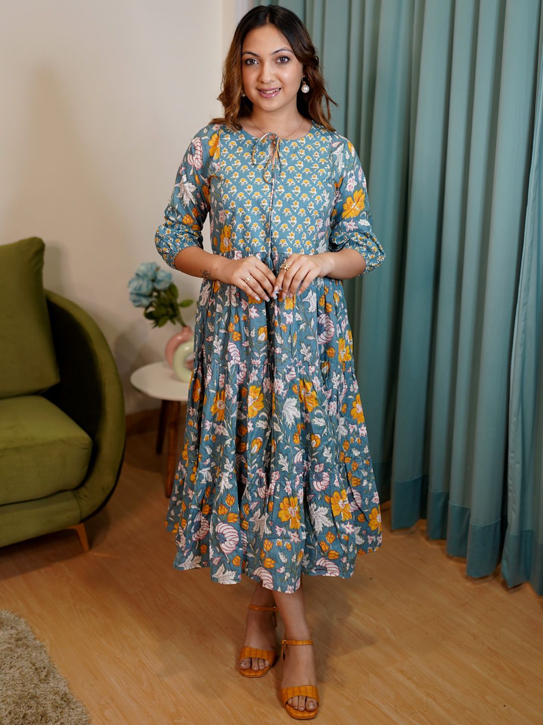 Libas Blue & Yellow Floral Print Tie-Up Neck Puff Sleeve Fit & Flare Midi Dress Price in India