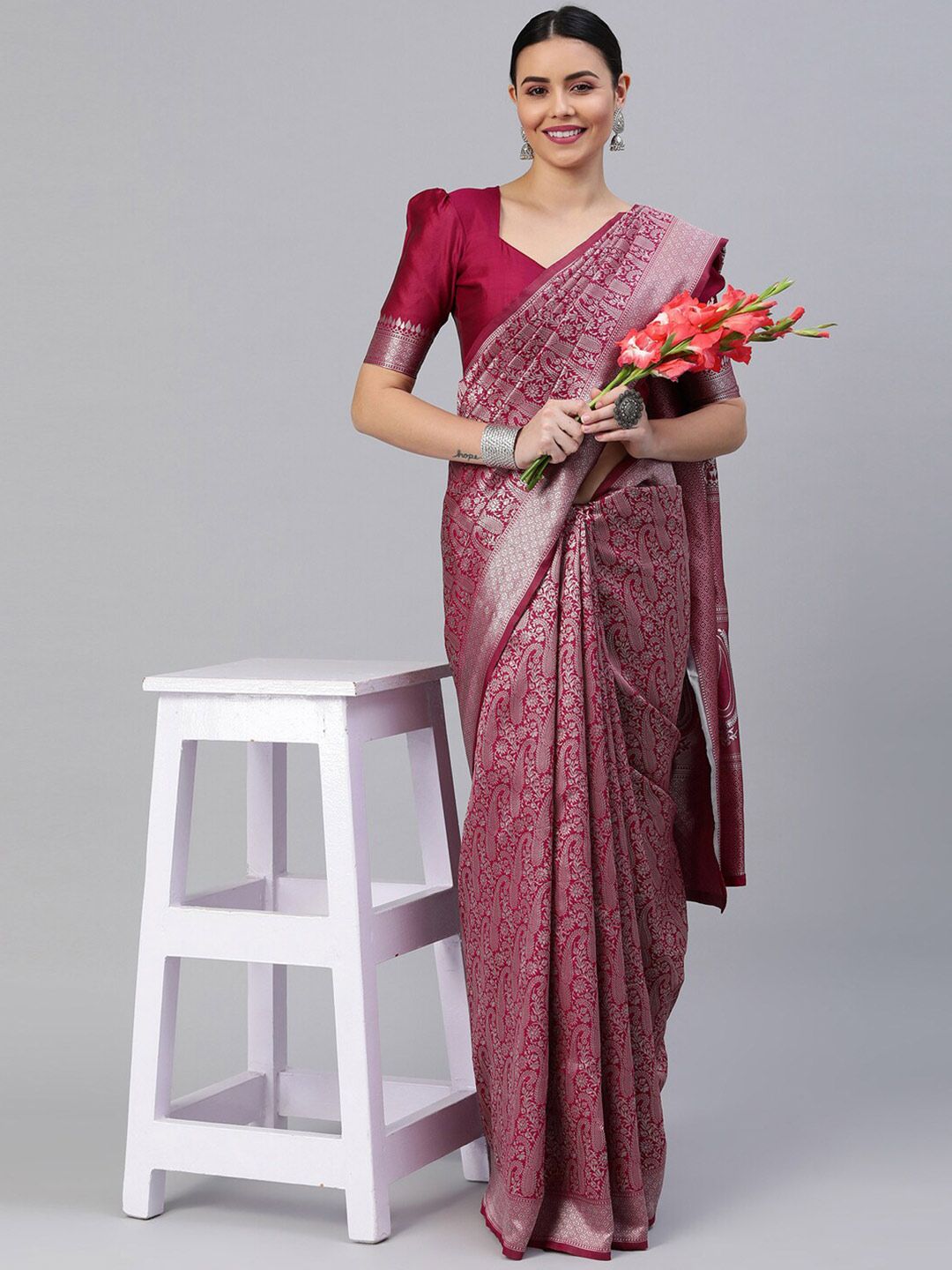KALINI Red & Silver-Toned Woven Design Zari Banarasi Saree Price in India