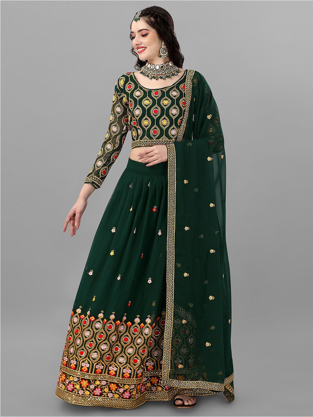 Angroop Green & Gold-Toned Embroidered Thread Work Semi-Stitched Lehenga & Unstitched Blouse With Dupatta Price in India