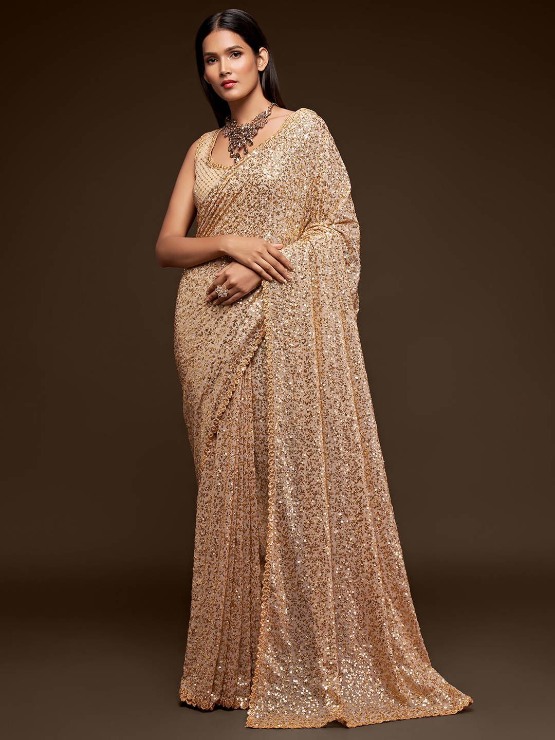 FABPIXEL Sequined Pure Georgette Saree Price in India