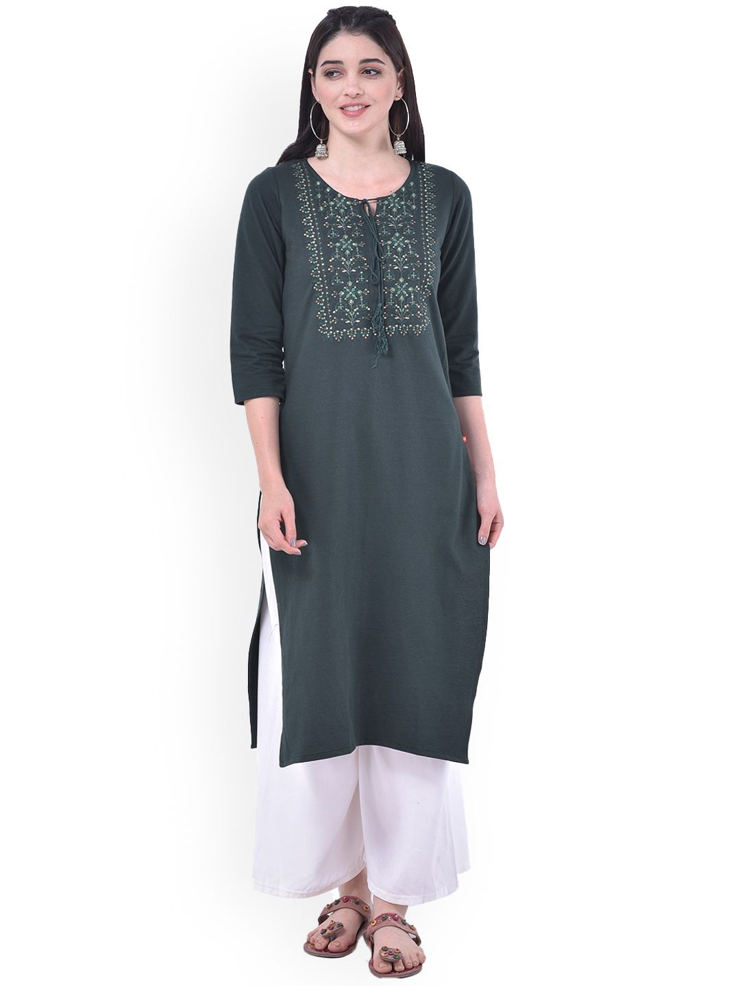 Span Ethnic Motifs Embroidered Tie Up Neck Sequined Pure Cottonn Kurta Price in India