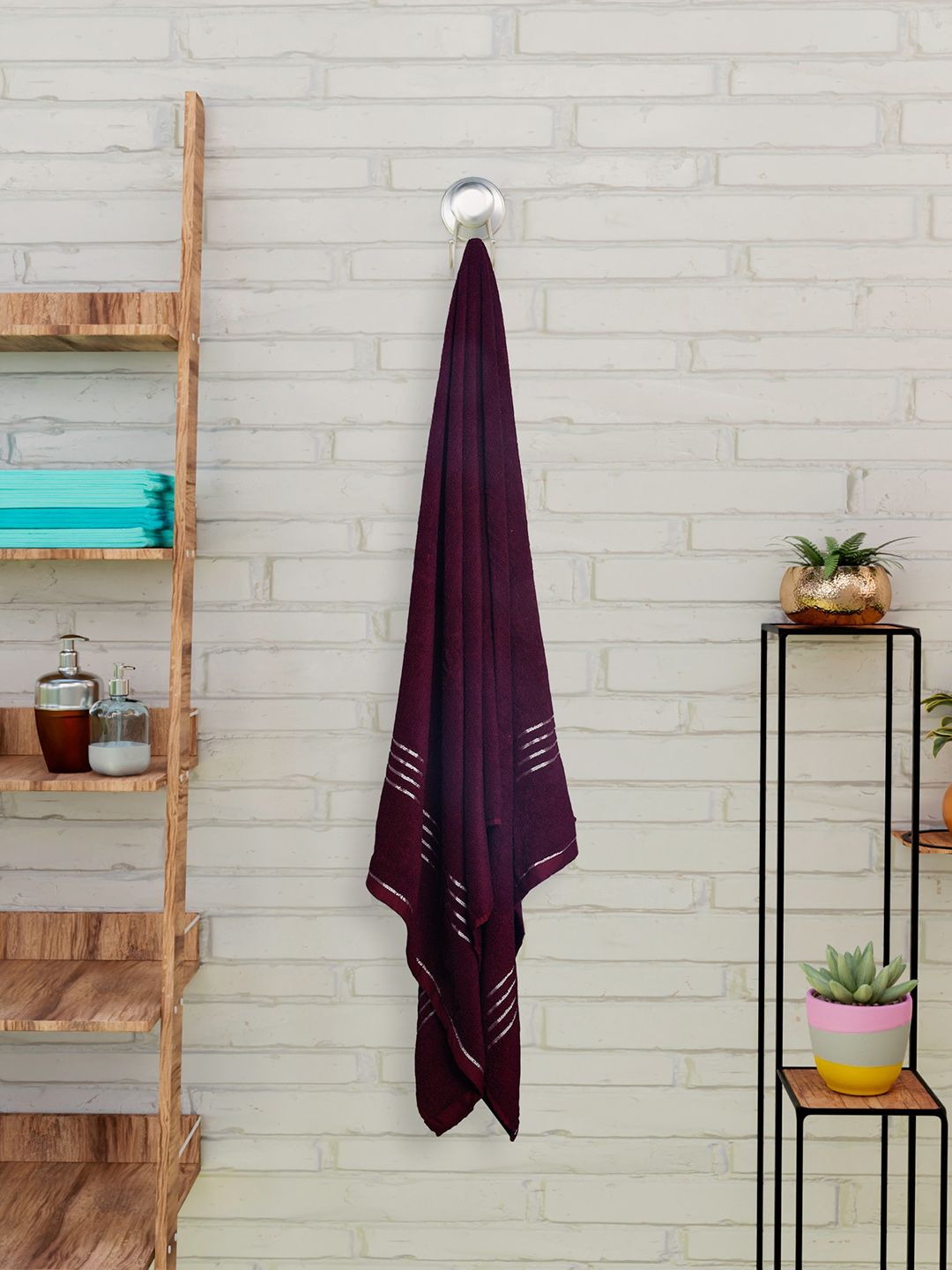 CURIOUS LIFESTYLE Maroon & Blue 2 Pieces Striped Detail 400 GSM Pure Cotton Towel Set