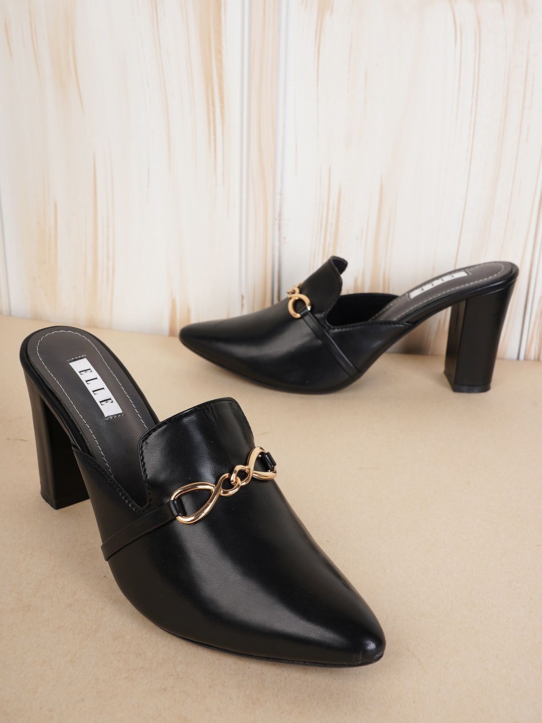 ELLE Buckle Embellished Block Heel Mules