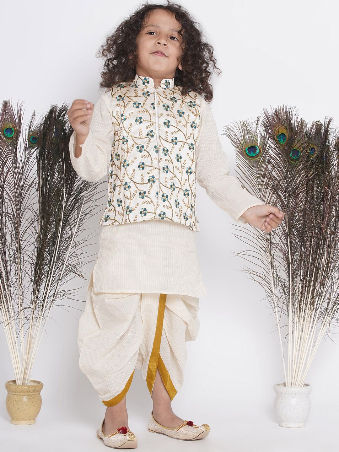 Little Bansi Boys Striped Kantha Work Pure Cotton Kurta with Pyjamas & Jacket