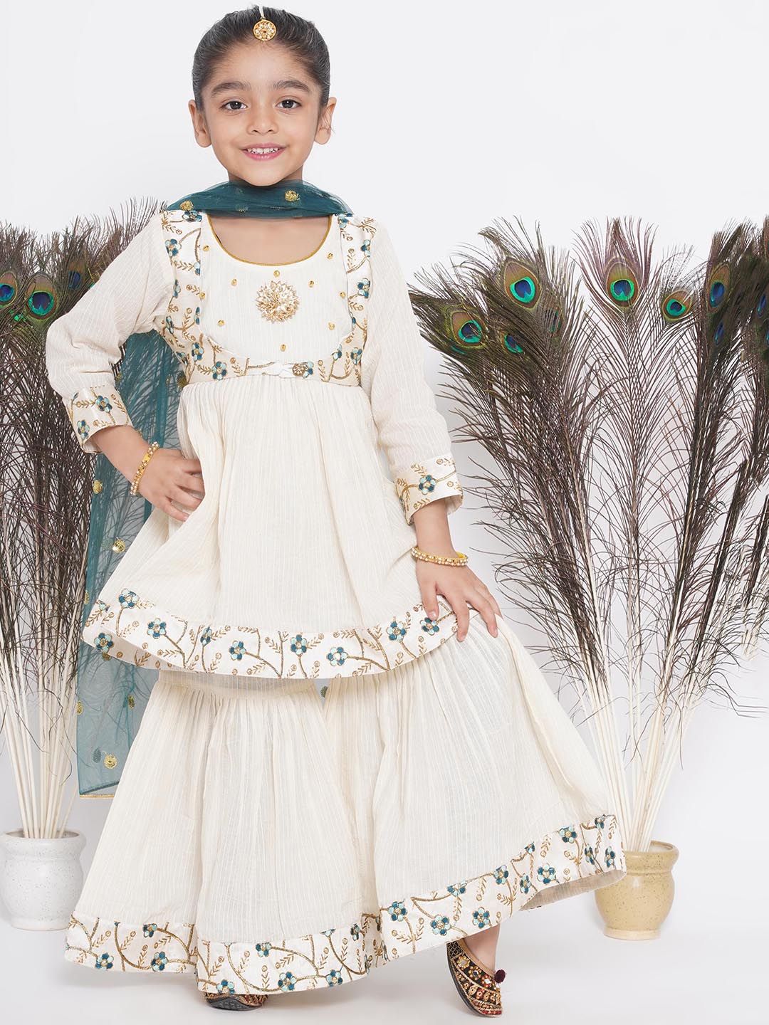 Little Bansi Girls Cream-Coloured Ethnic Motifs Embroidered Pleated Pure Cotton Kurta with Sharara & With