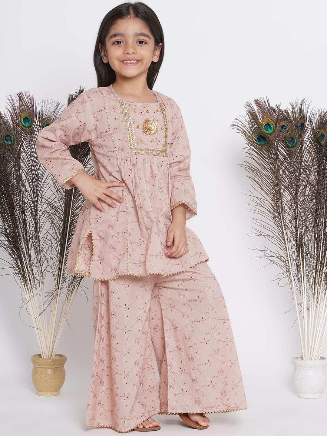 Little Bansi Girls Pink Floral Pleated Gotta Patti Pure Cotton Kurta with Palazzos & With Dupatta
