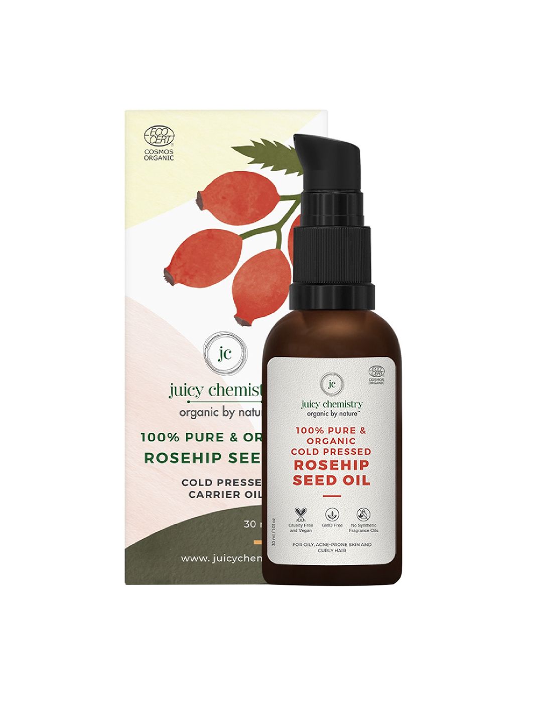 Juicy Chemistry 100% Organic Rosehip Seed Cold Pressed Carrier Oil - 30ml