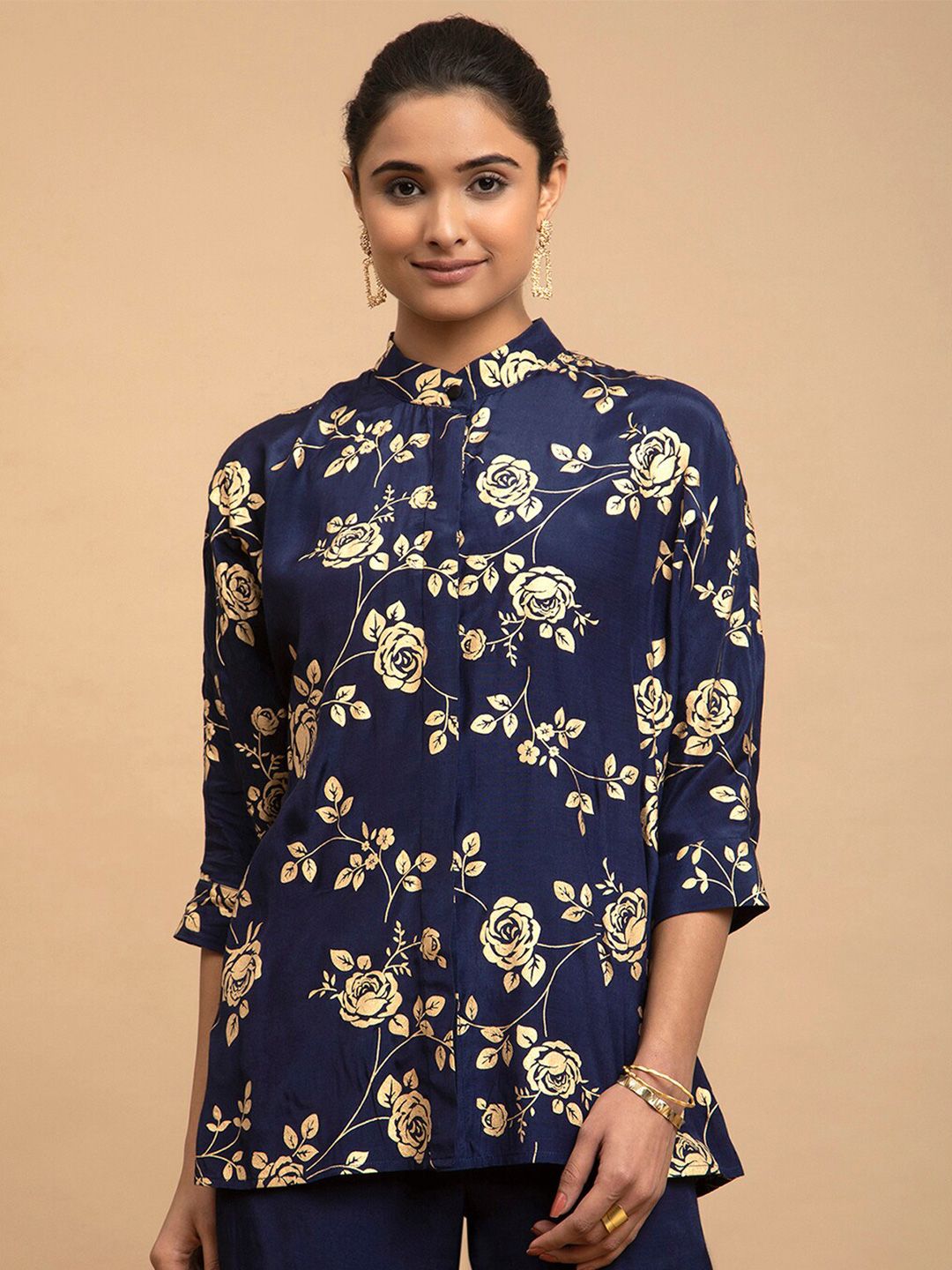 Pink Fort Floral Print Mandarin Collar Shirt Style Top Price in India