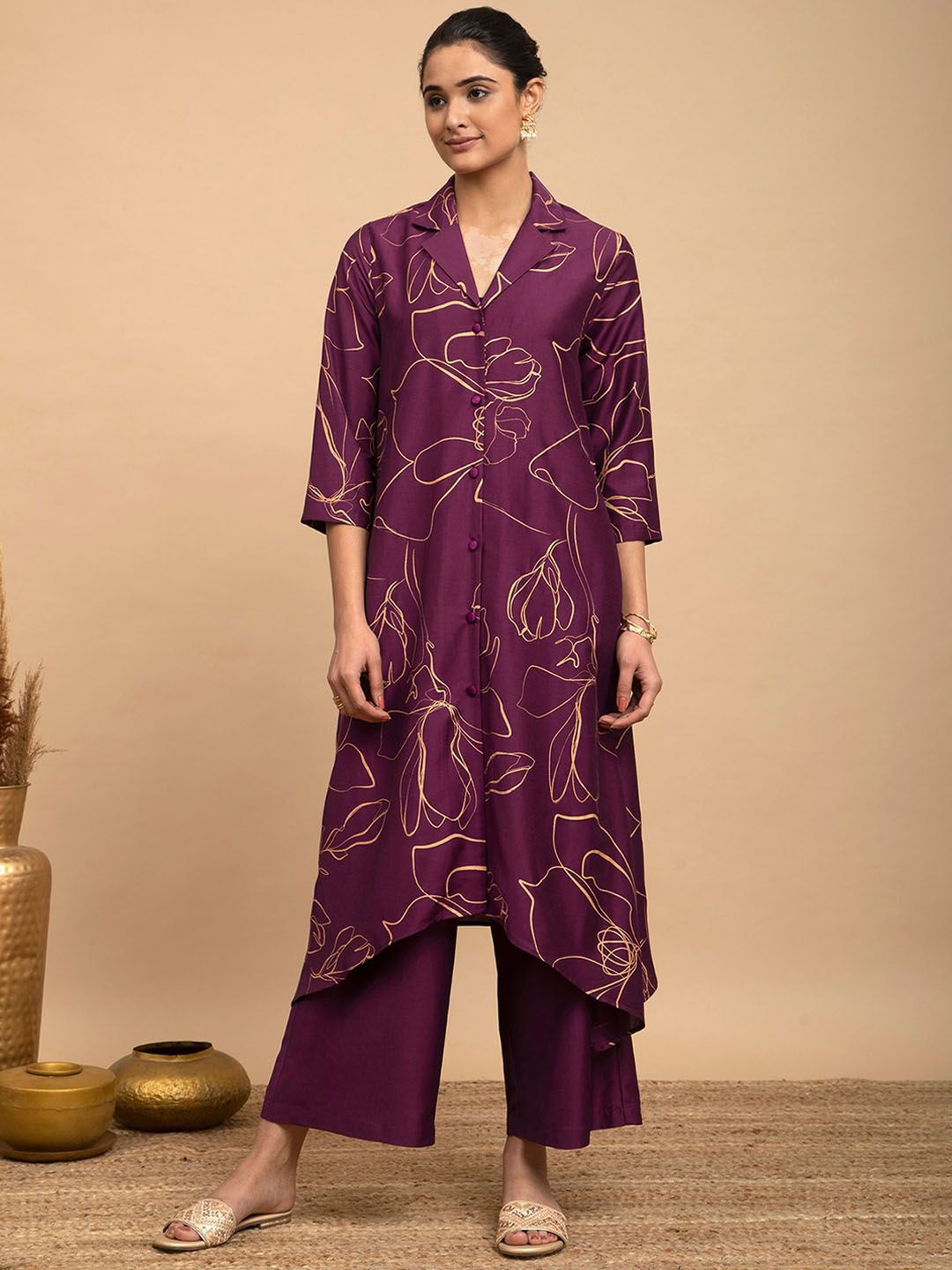 Pink Fort Shirt Collar Asymmetric Floral Foil Printed Kurta with Palazzos Price in India