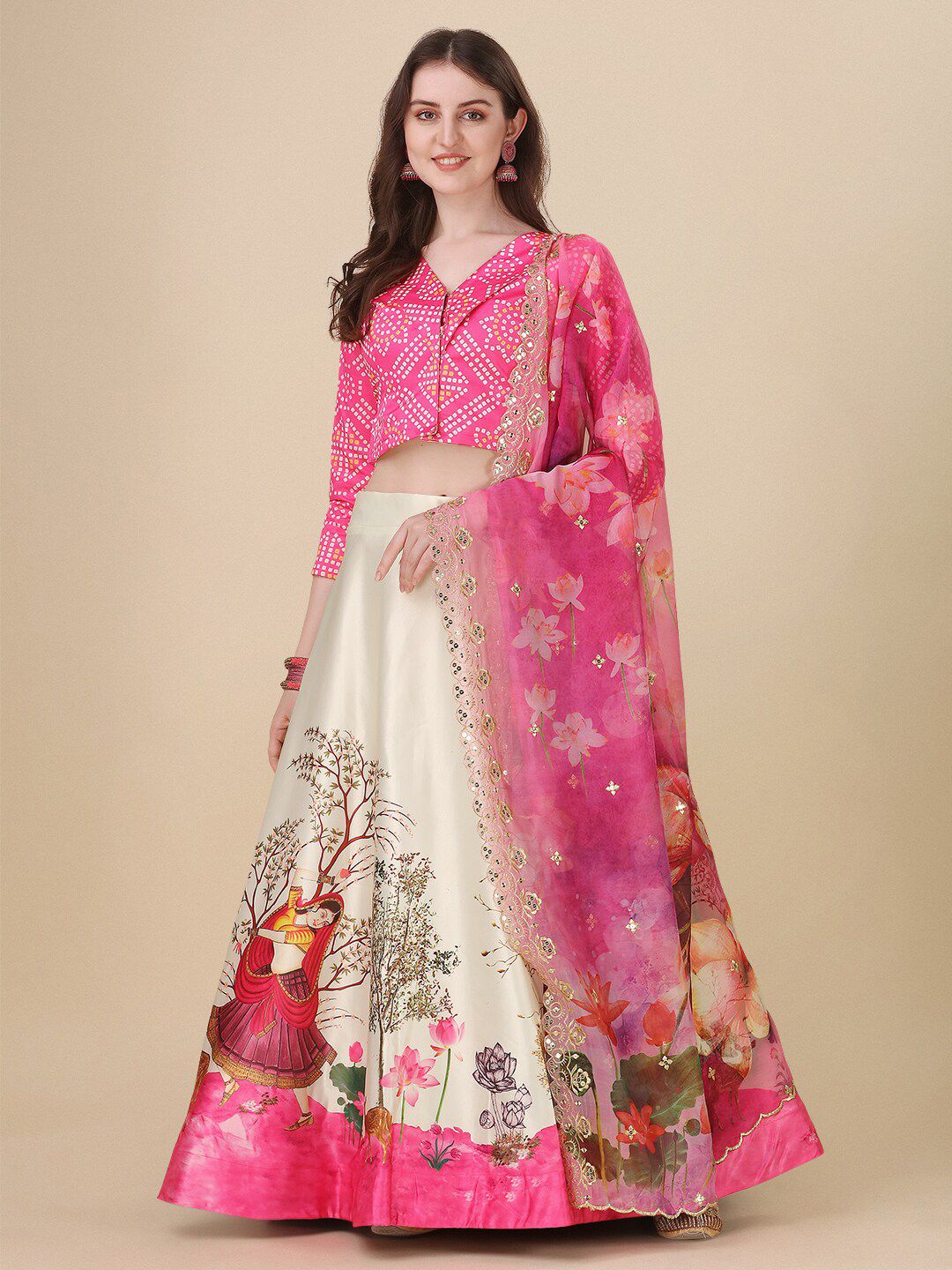 Kaizen TEXO FAB Pink & Brown Printed Semi-Stitched Lehenga & Unstitched Blouse With Dupatta Price in India