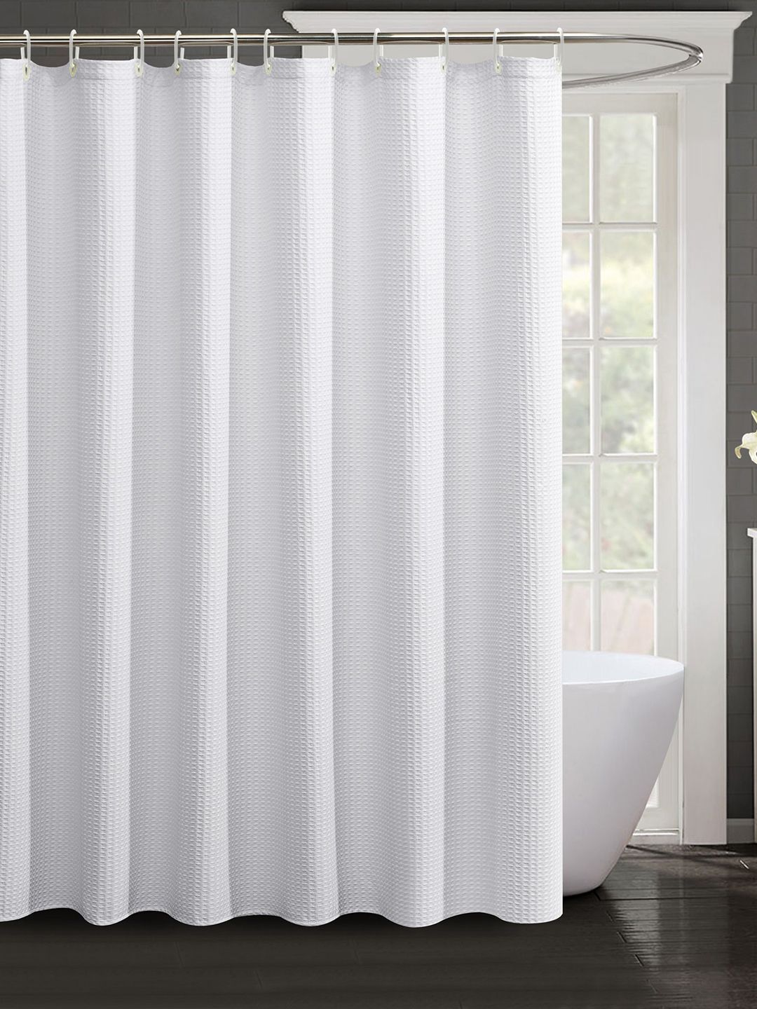 Lushomes 1Pc White Waffle Weave Shower Curtain With 12pcs C Rings