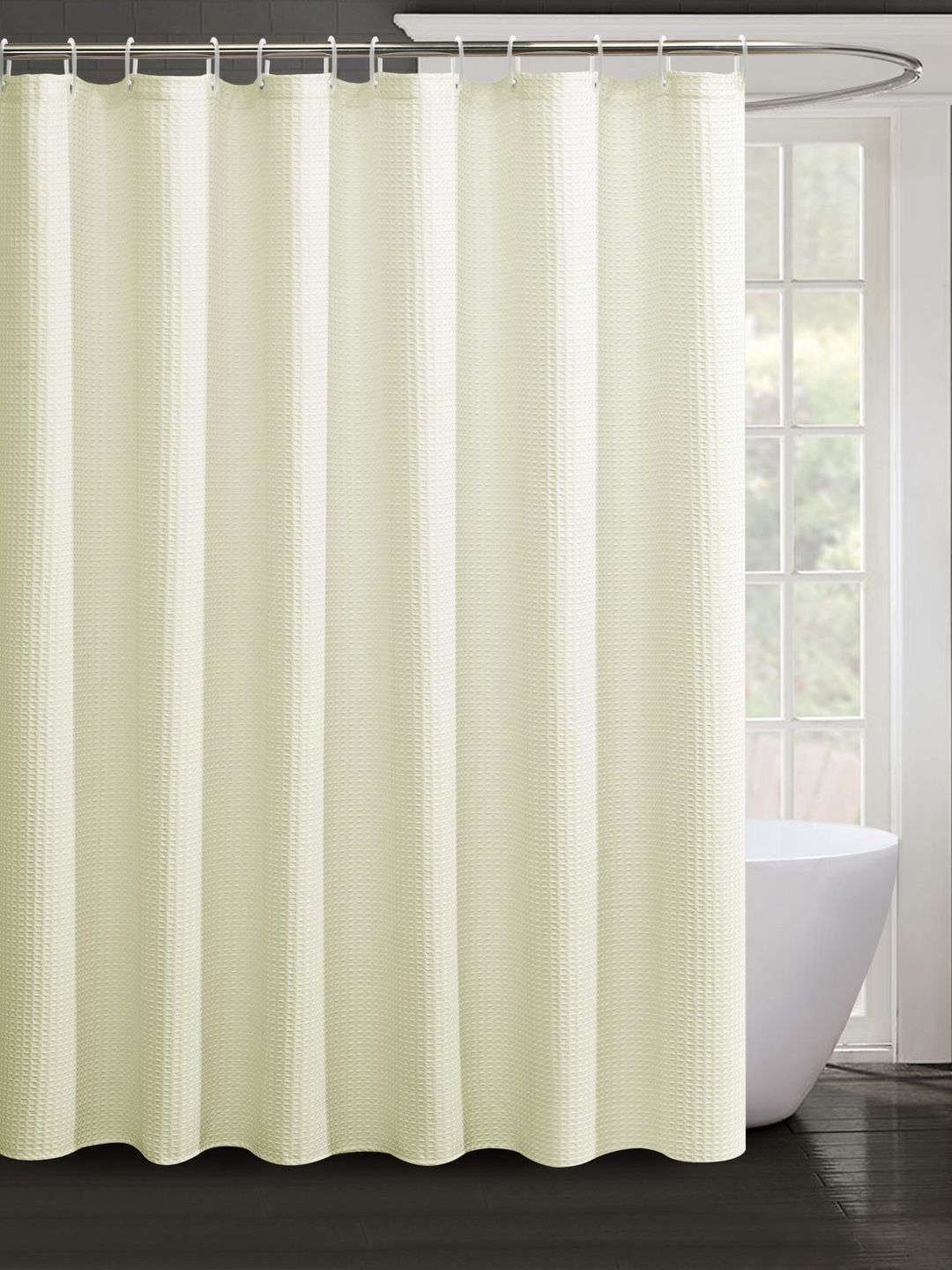 Lushomes 1Pc Cream-Colored Waffle Weave Checks Water Repellent Bath Shower Curtain With 12pcs C Rings