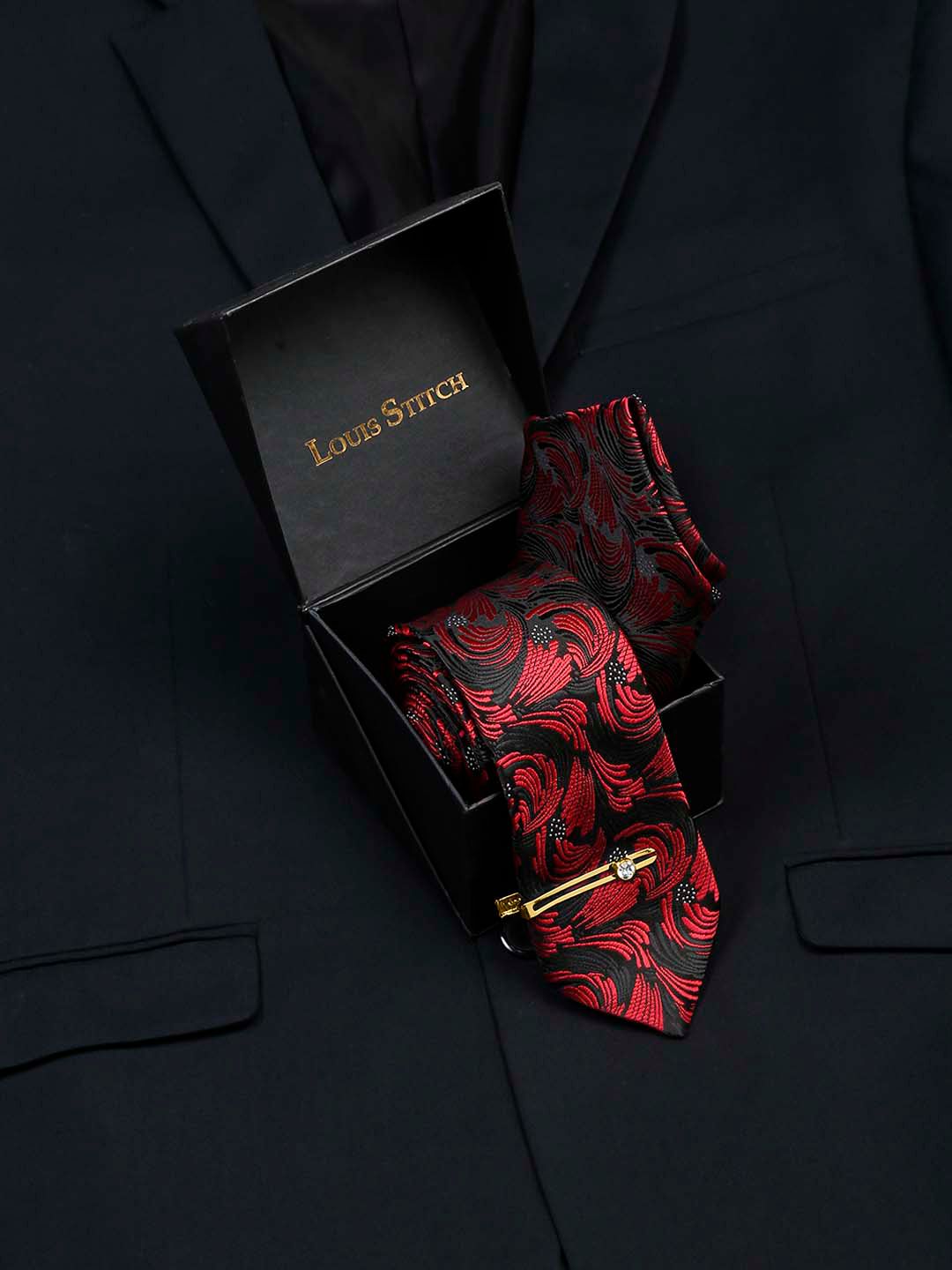 LOUIS STITCH Men Ruby Red Italian Silk Necktie Accessory Gift Set