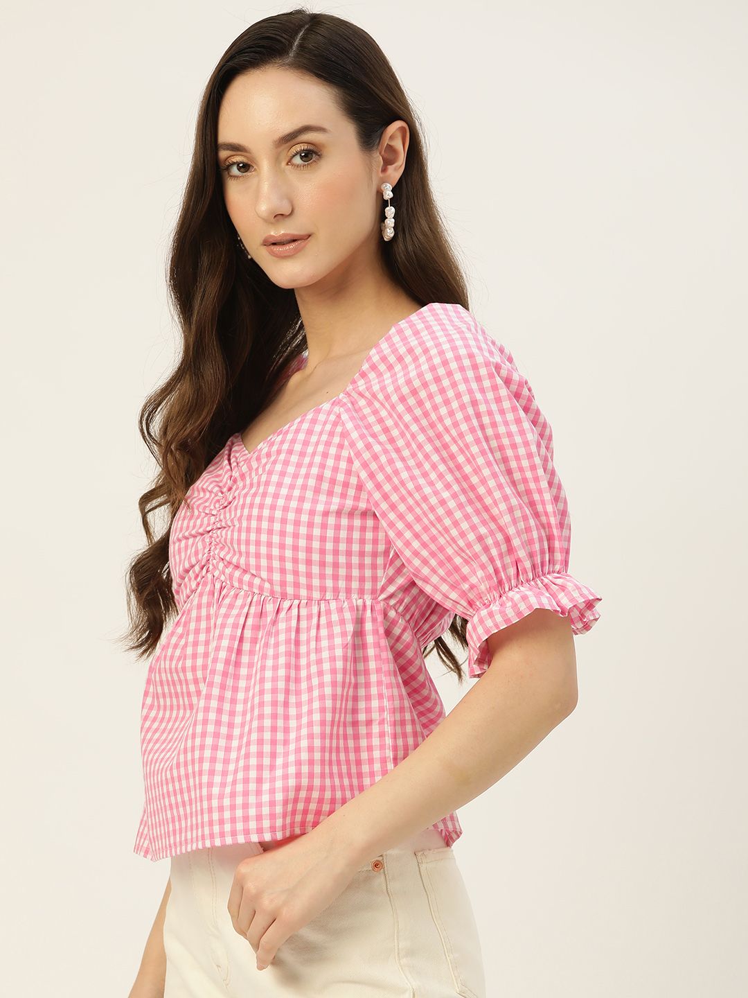 Buy Rue Collection Pink & White Checked Sweetheart Neck Blouson