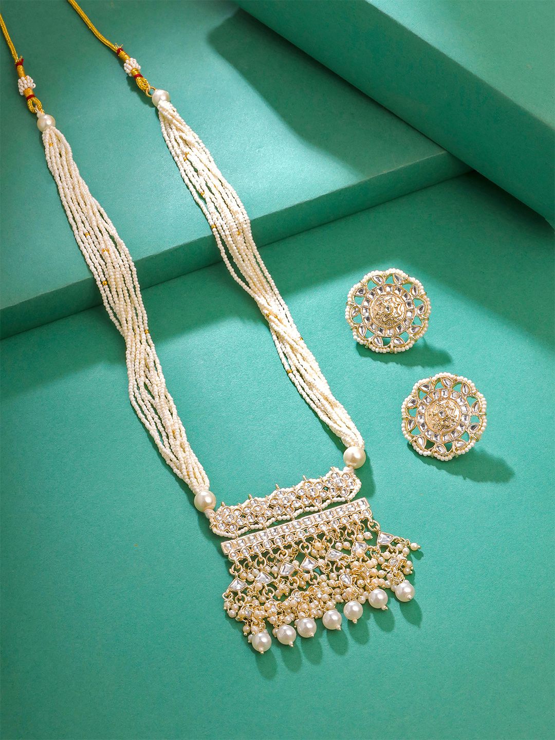 Gold-Plated Kundan Studded & Pearl Beaded Jewellery Set Yellow Chimes Gold-Plated Kundan Studded & Pearl Beaded Long Jewellery Set