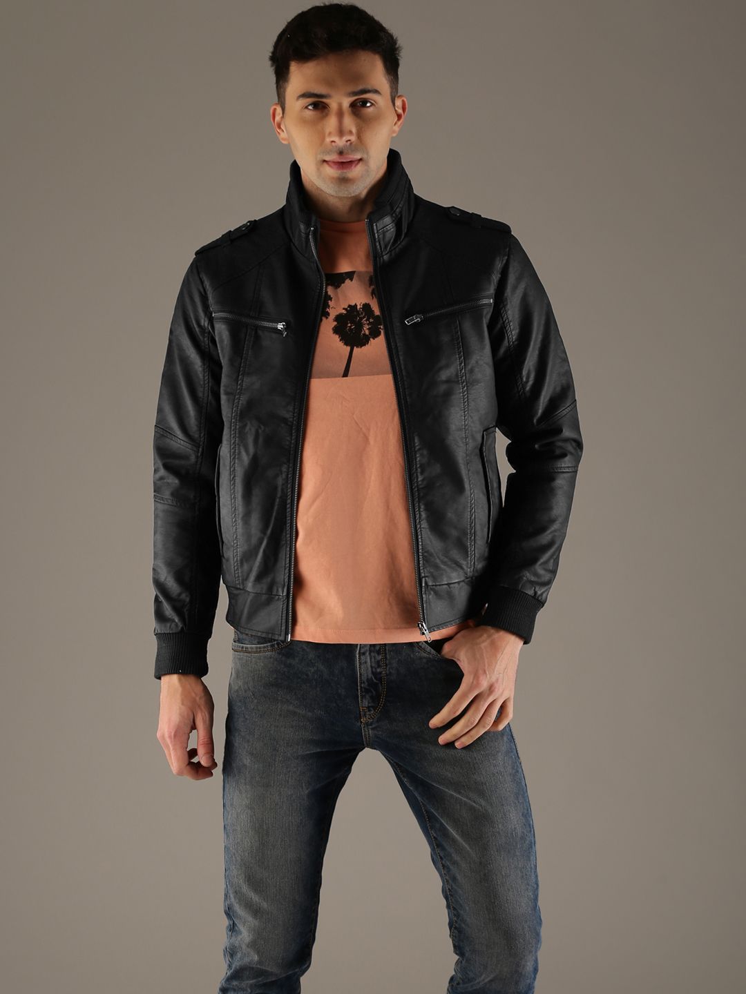 Flying Machine Men Black Solid Biker Jacket
