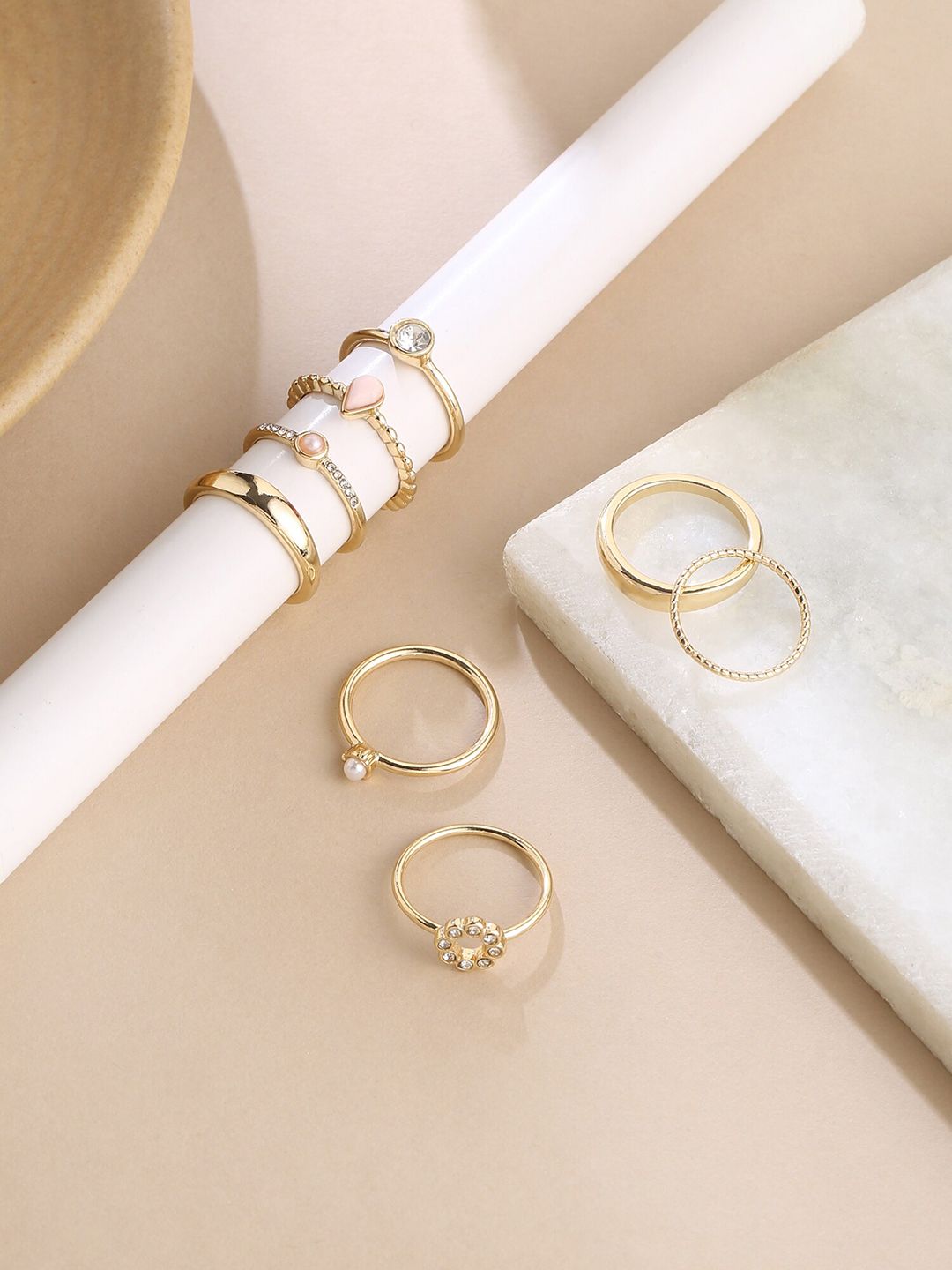 8 Gold-Plated Finger Rings Yellow Chimes Set Of 8 Gold-Plated Stack Finger Rings