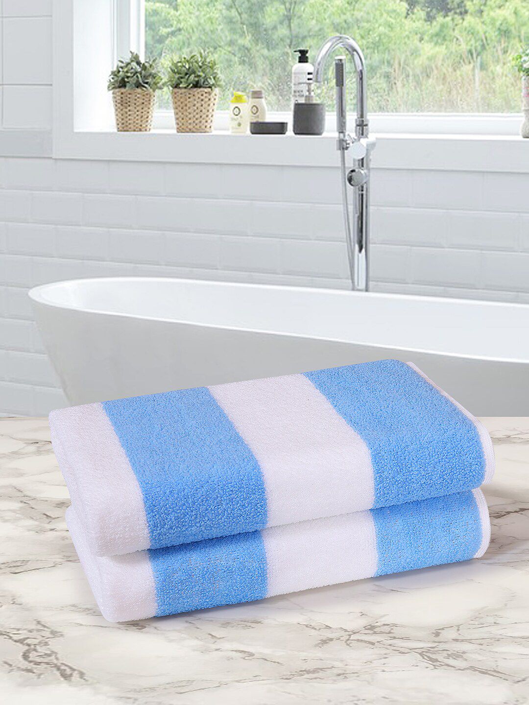 ROMEE Blue & White 2 Pieces Striped 350 GSM Microfiber Anti-Bacterial Bath Towels