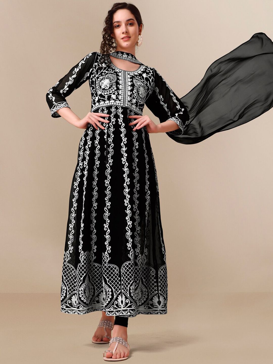 HERE&NOW Black Lucknowi Chikankari Embroidered Georgette Anarkali Kurta with Dupatta Price in India