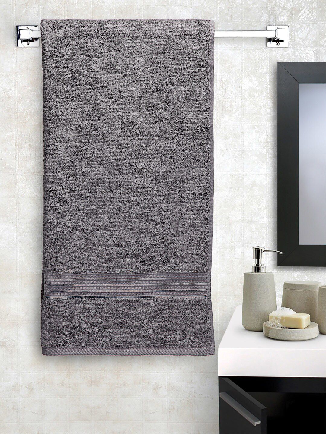 Creeva Grey Striped Pure Cotton 500 GSM Bath Towel
