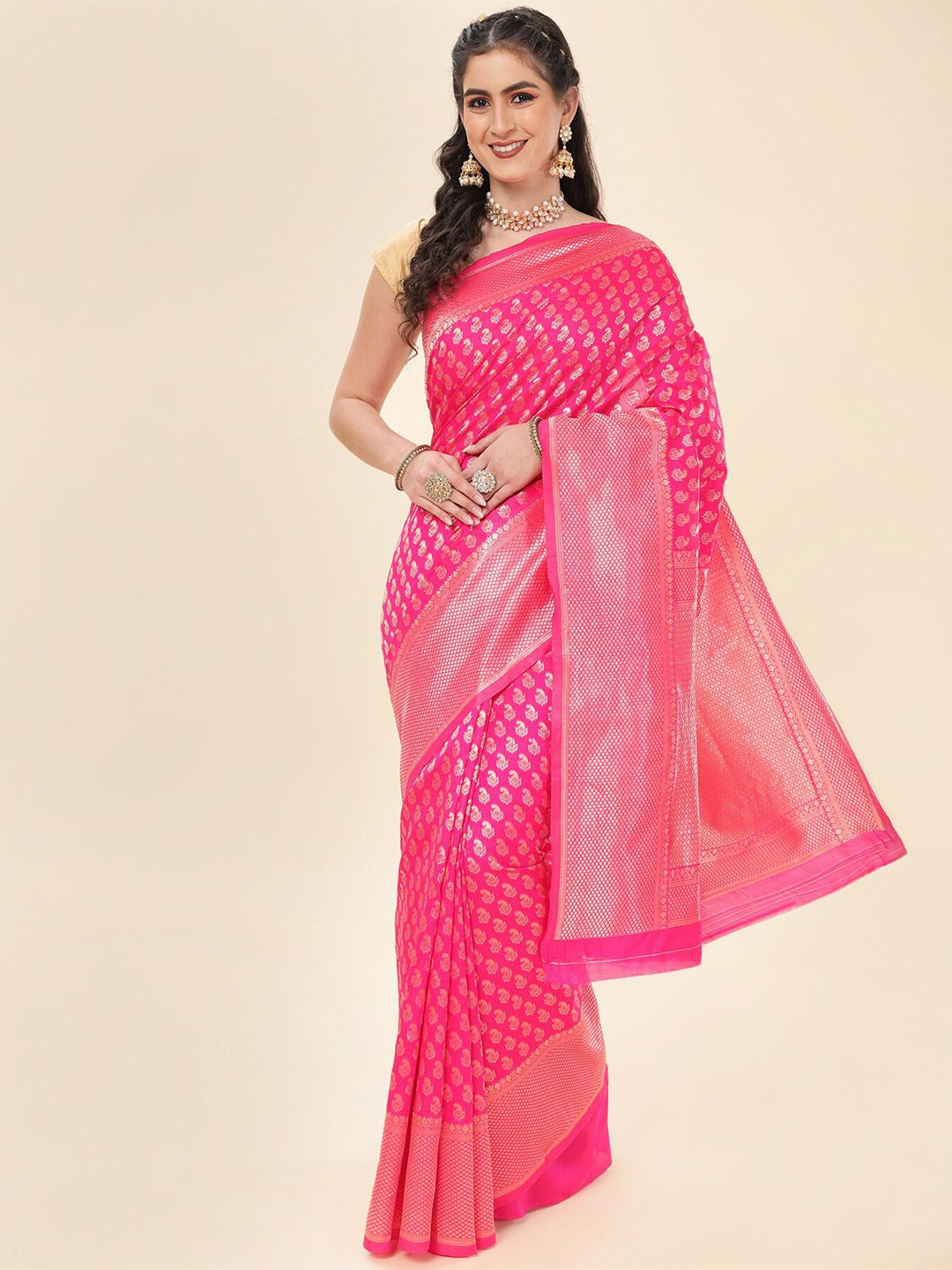 Wuxi Pink & Silver-Toned Woven Design Zari Pure Silk Banarasi Saree Price in India