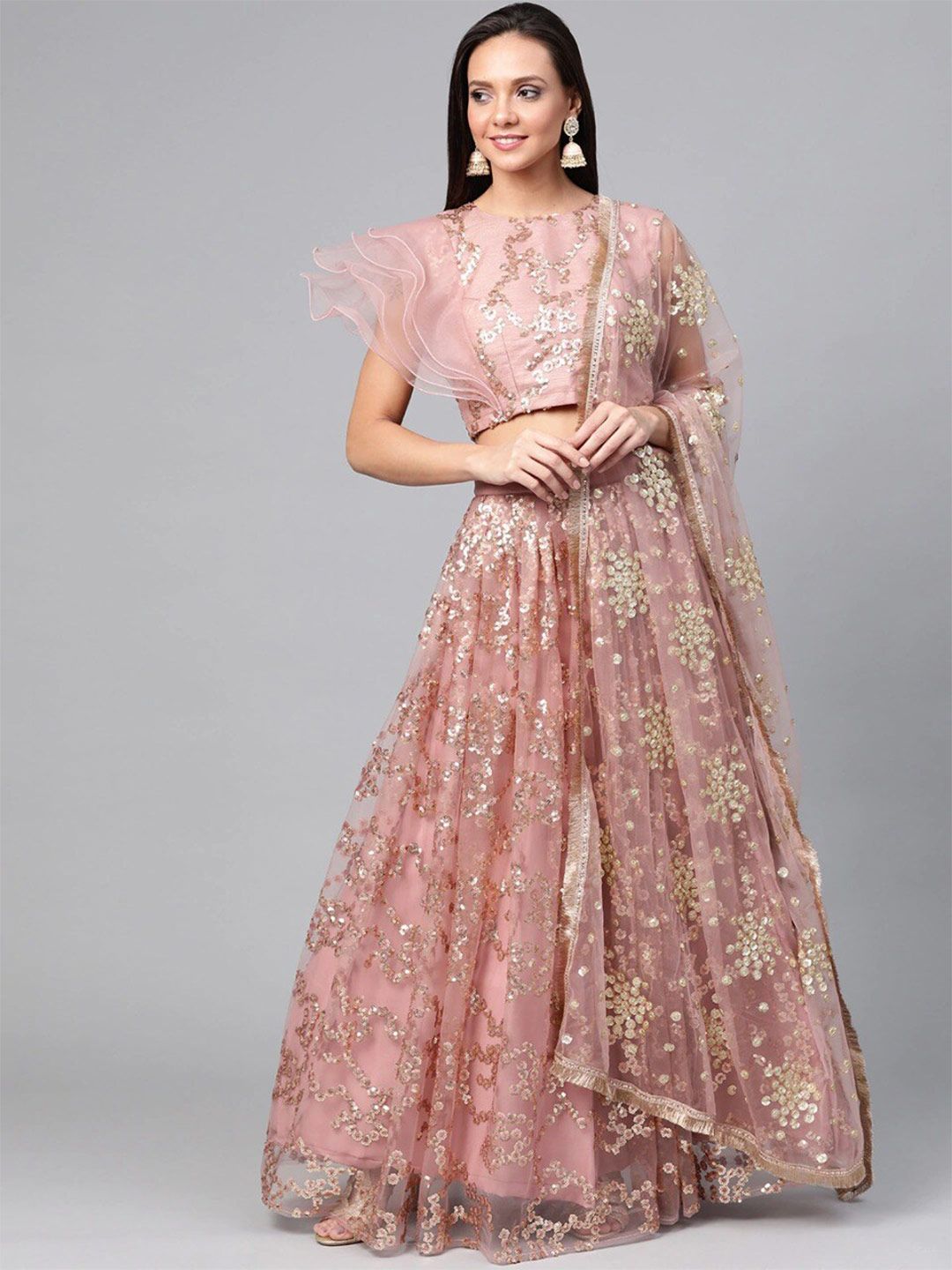 SHOPGARB Peach-Coloured Embroidered Sequinned Semi-Stitched Lehenga & Unstitched Blouse With Dupatta Price in India