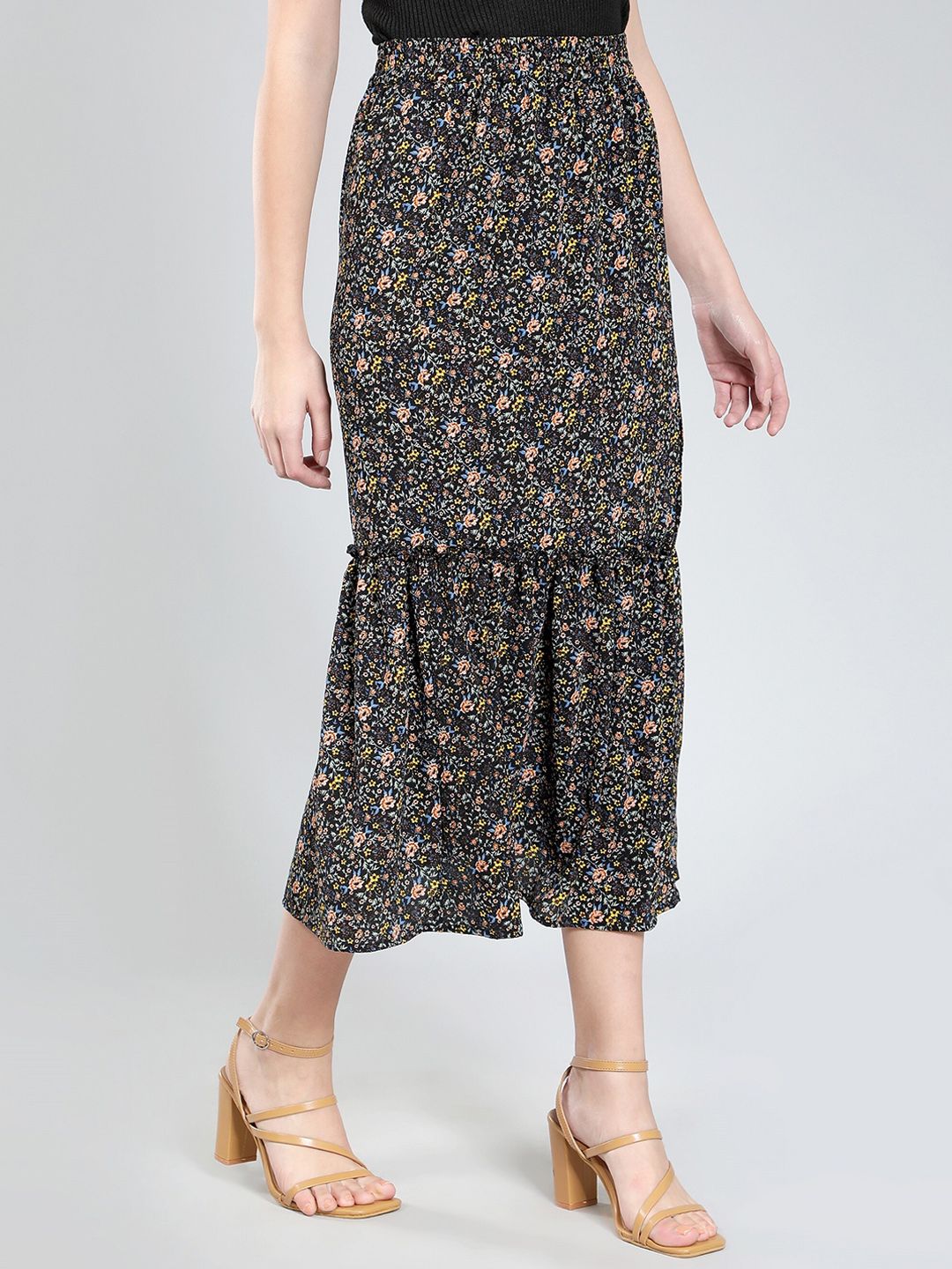 NUEVOSDAMAS Printed Side Slit Frill Midi Skirt Price in India