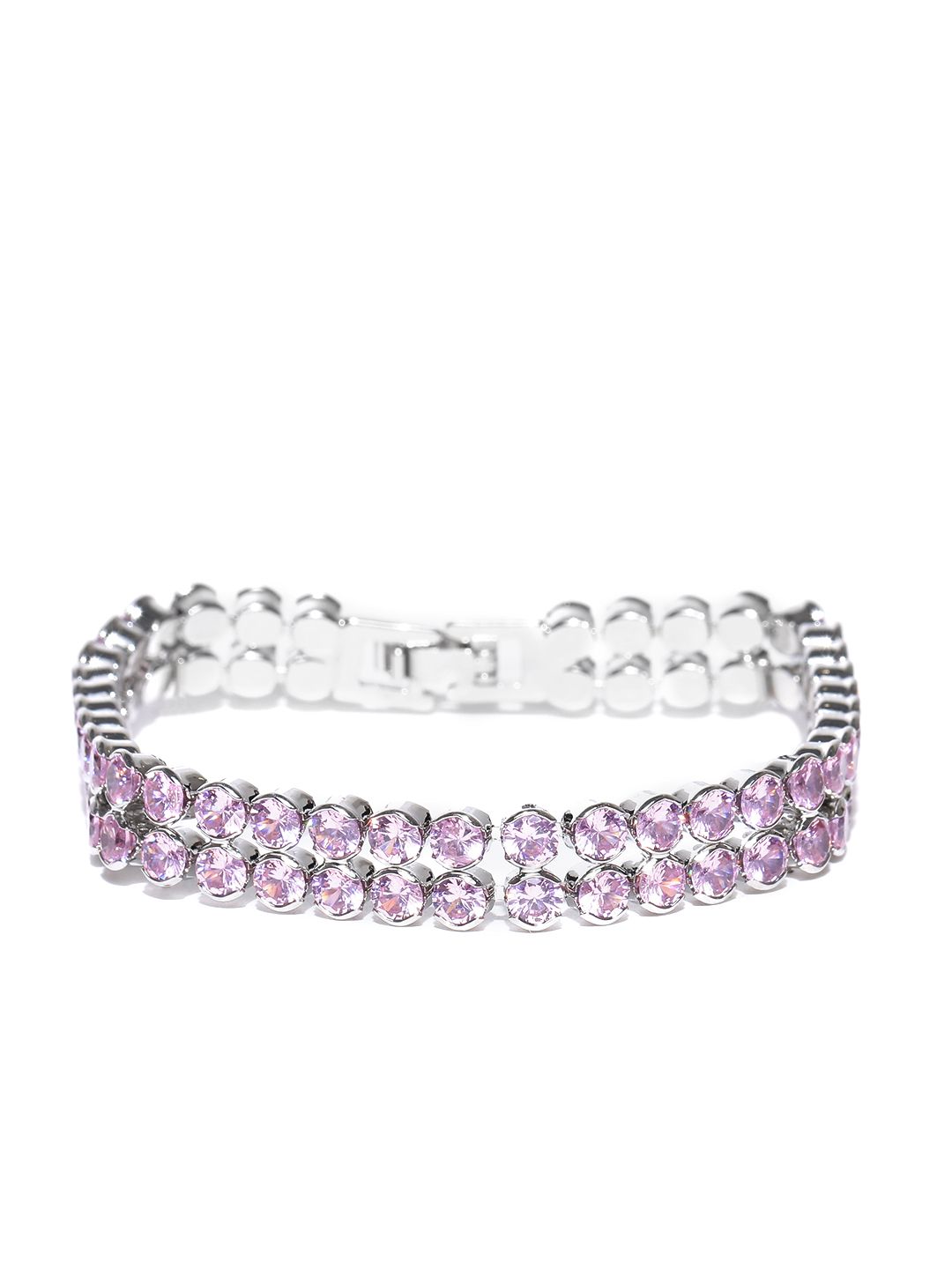Jewels Galaxy Silver-Toned & Pink Stone-Studded Rhodium-Plated Handcrafted Link Bracelet Price in India