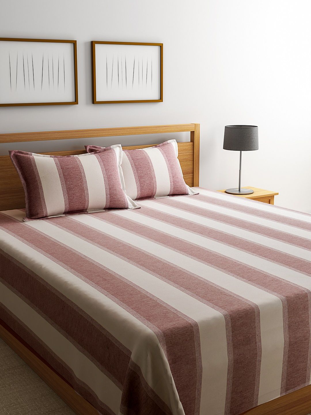 ROMEE Cream & Mauve Cotton Striped Double Bed Cover Price in India