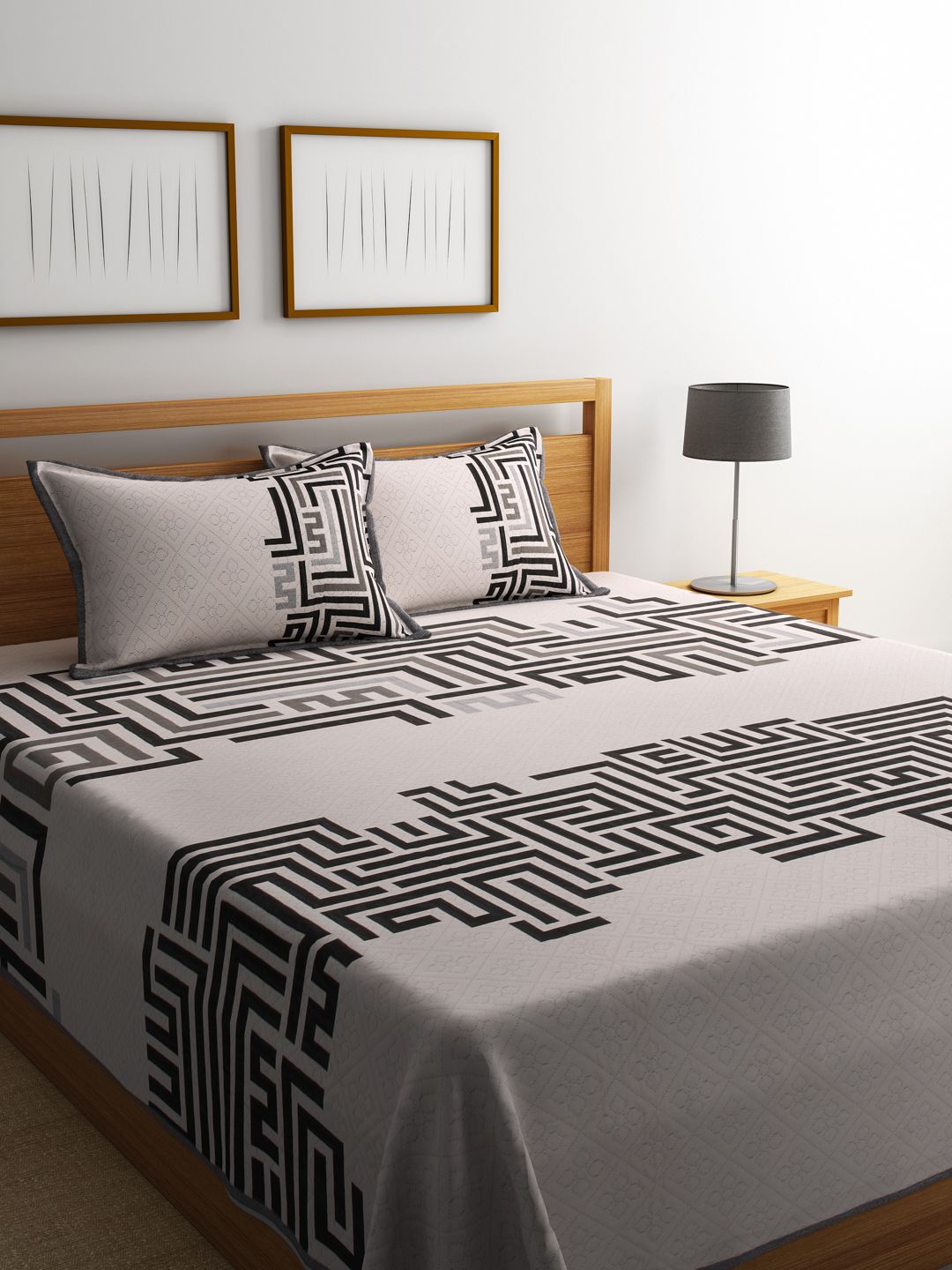 ROMEE Black & Off-White Polycotton Woven Design Double Bed Cover with 2 Pillow Covers Price in India