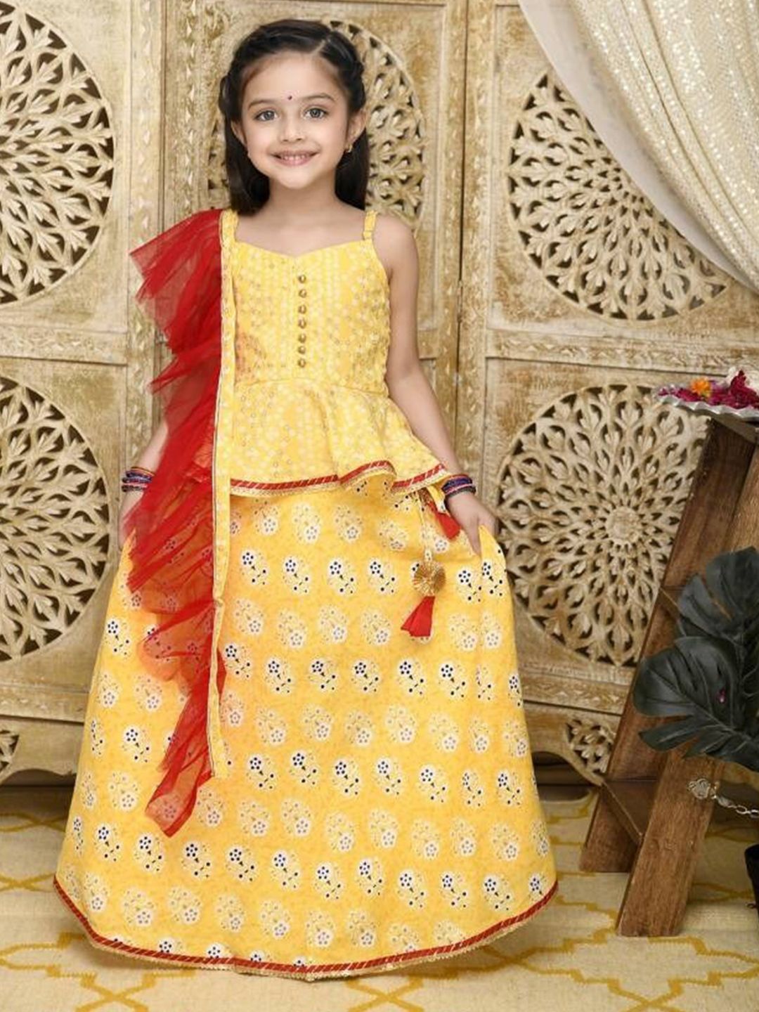 SAKA DESIGNS Girls Yellow & Red Ready to Wear Lehenga & Blouse With Dupatta Price in India