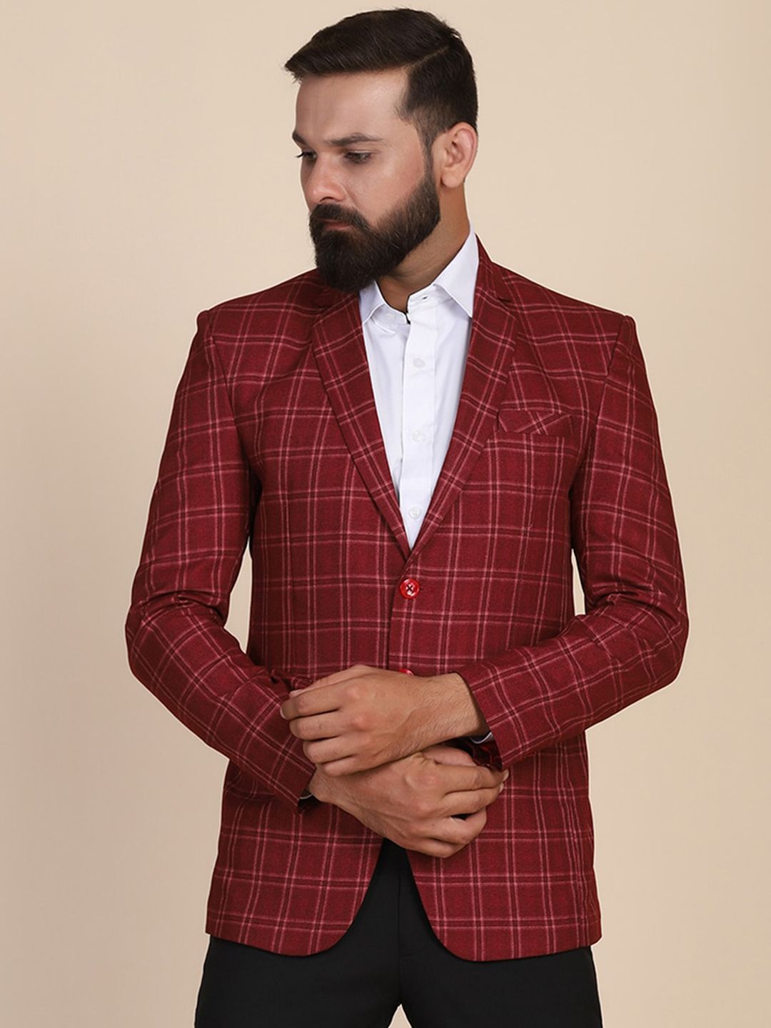 TAHVO Men Checked Slim-Fit Single-Breasted Blazer