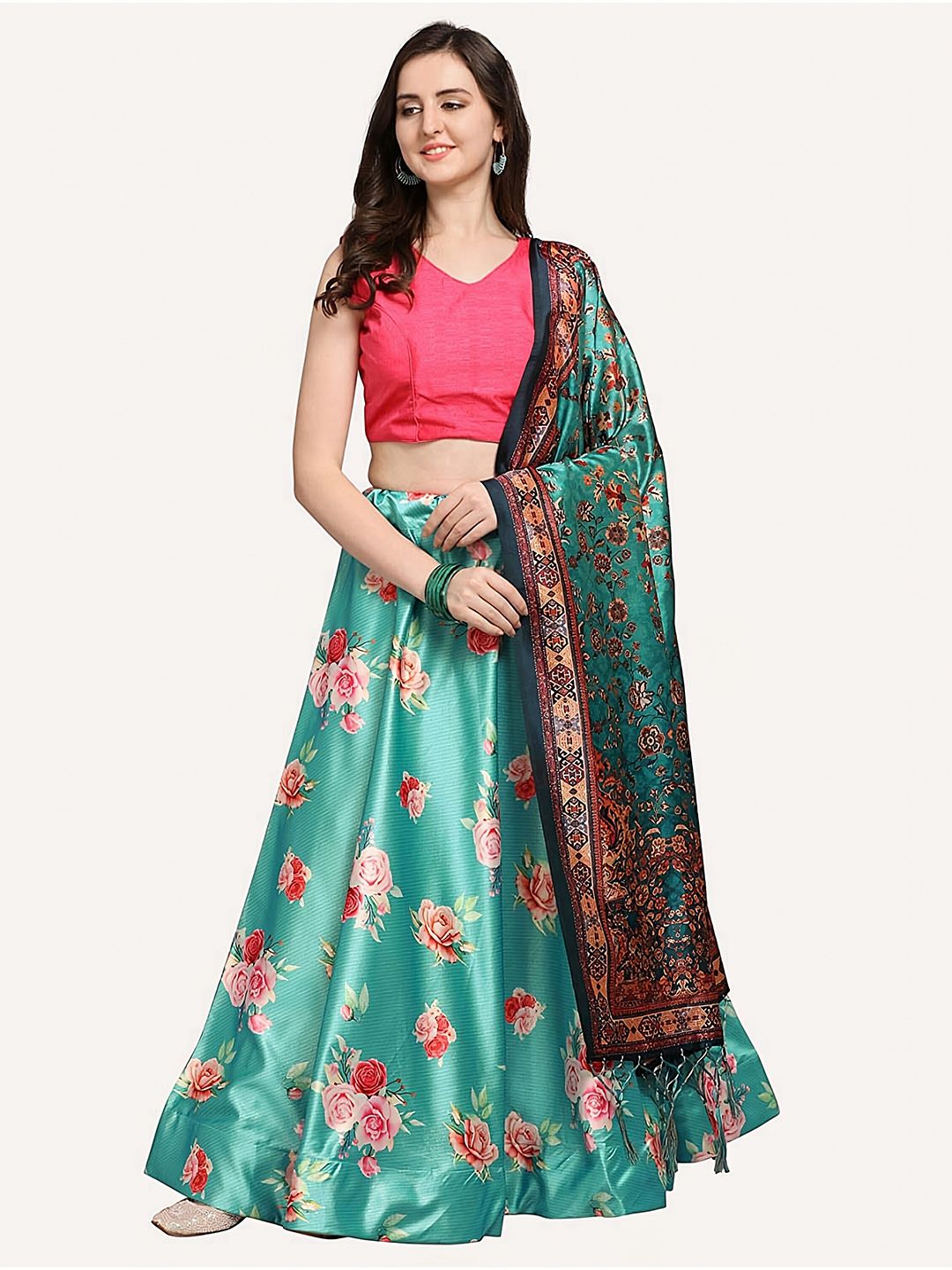 Kaizen TEXO FAB Teal Printed Semi-Stitched Lehenga & Unstitched Blouse With Dupatta Price in India