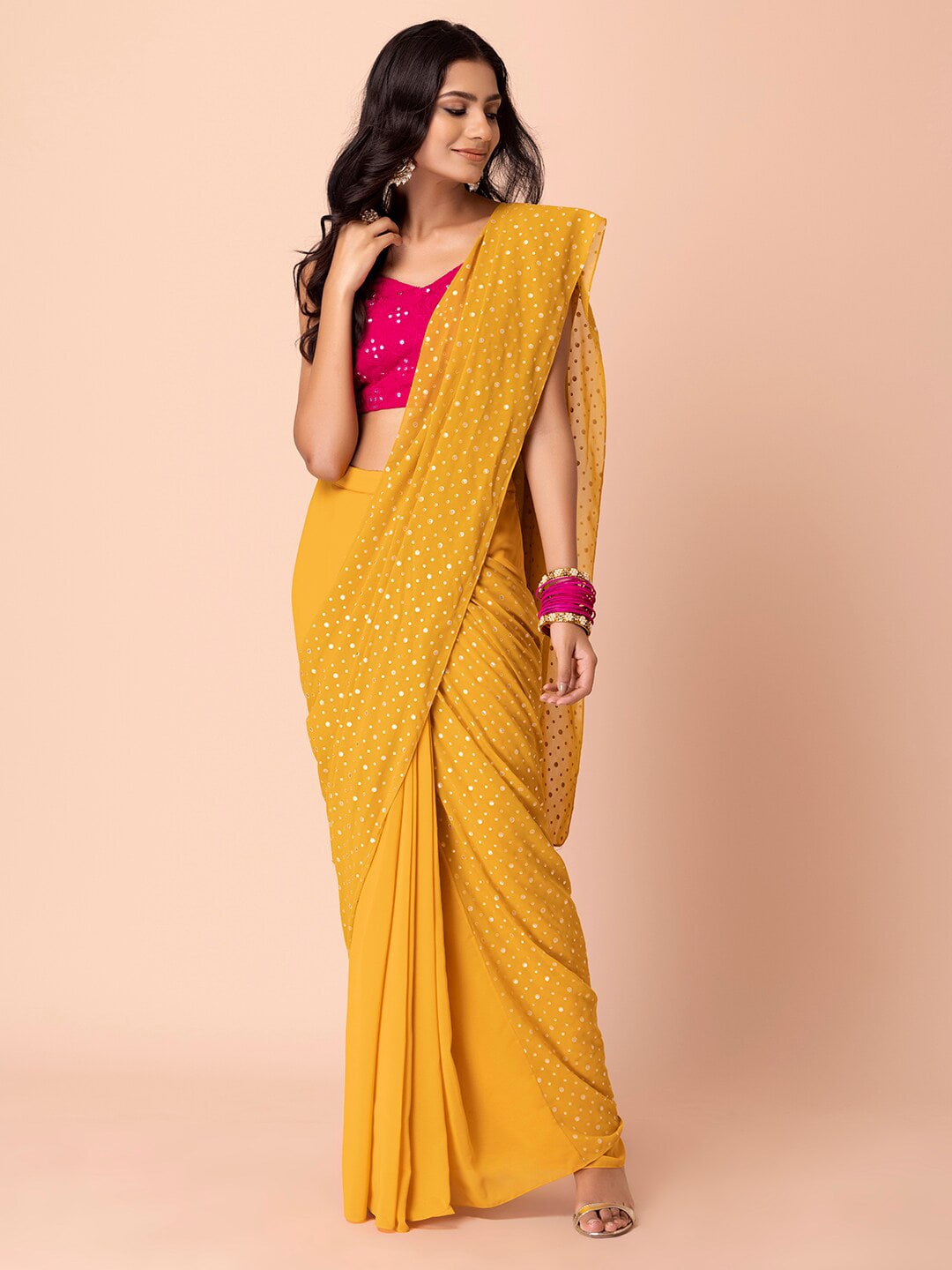 INDYA Foil Printed Pre-Stitched Saree Price in India