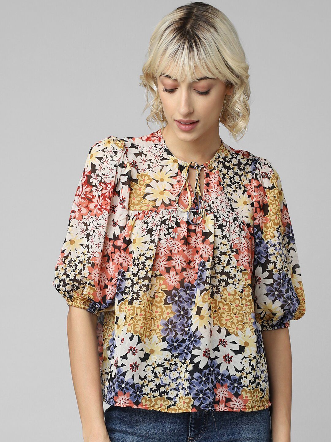 ONLY Onlsandra Wheat LS Floral Printed Tie-Up Neck Puff Sleeves Top Price in India
