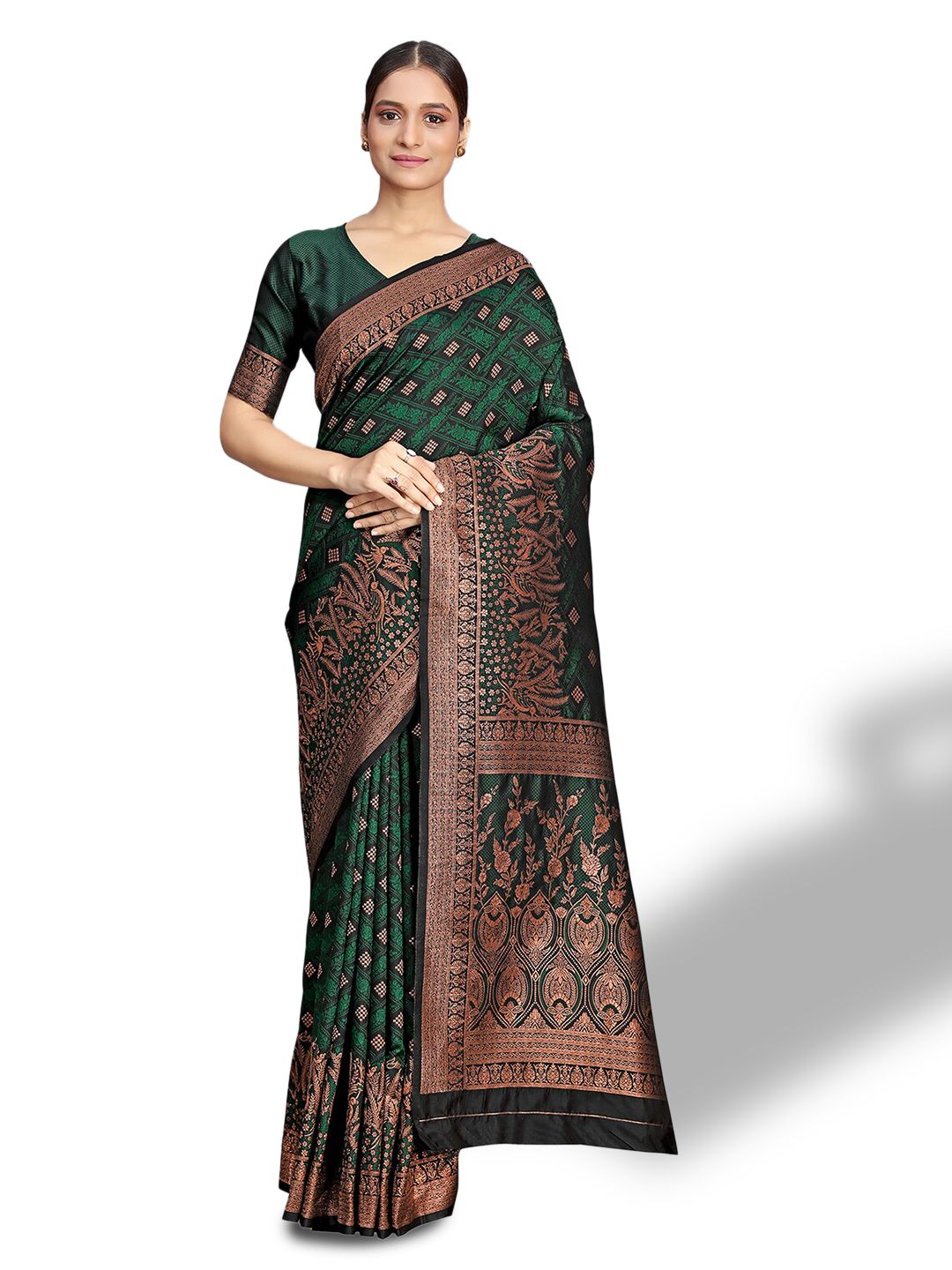 MONJOLIKA FASHION Green Woven Design Satin Heavy Work Banarasi Saree Price in India