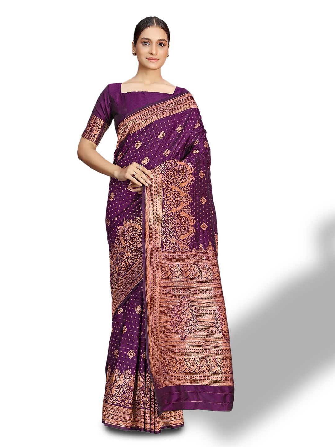 MONJOLIKA FASHION Purple & Gold-Toned Woven Design Zari Silk Blend Banarasi Saree Price in India