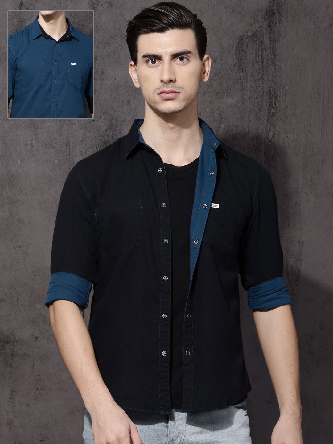 Roadster Men Black & Blue Regular Fit Solid Reversible Casual Shirt