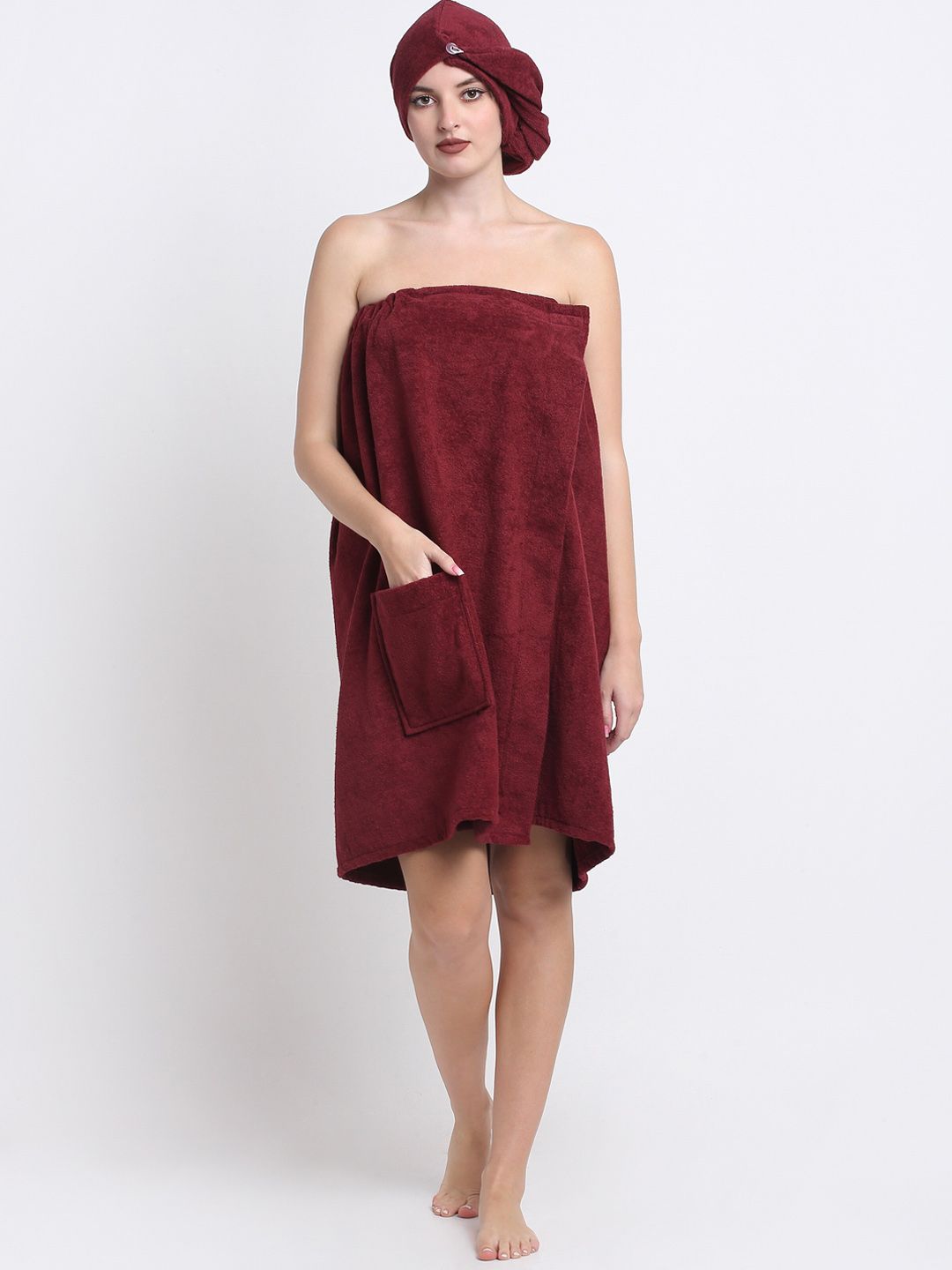 Creeva Luxury Maroon Pure Cotton 380 GSM Anti Bacterial Bath Wrap Towel Robe
