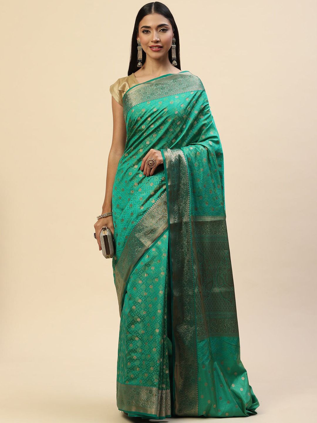 Meena Bazaar Green Woven Design Art Silk Saree Price in India