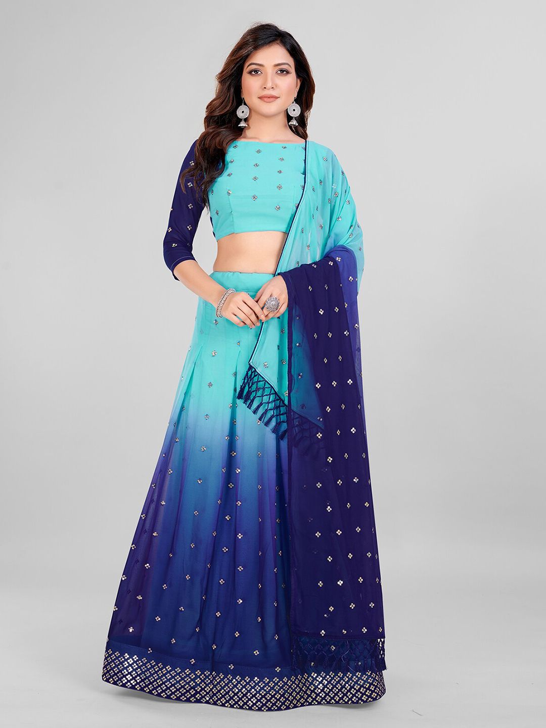 Mitera Blue & Turquoise Embroidered Sequinned Semi-Stitched Lehenga & Unstitched Blouse With Dupatta Price in India