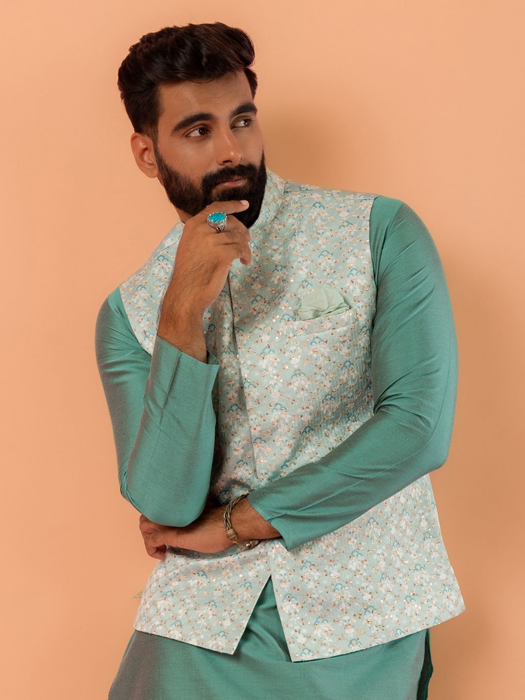 KISAH Embellished Nehru Jackets With Pocket Square