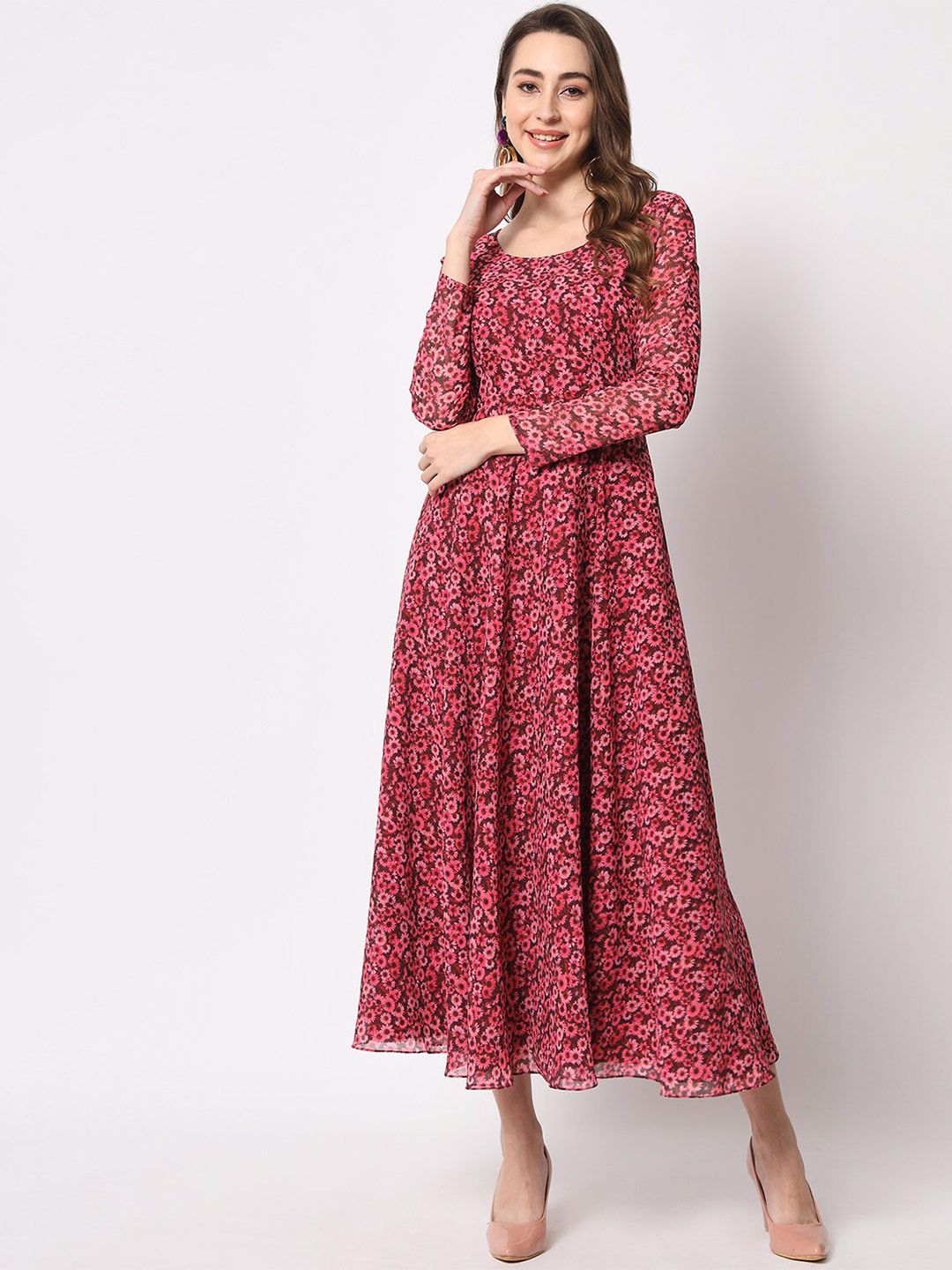 KALINI Pink Floral Layered Georgette Maxi Dress Price in India