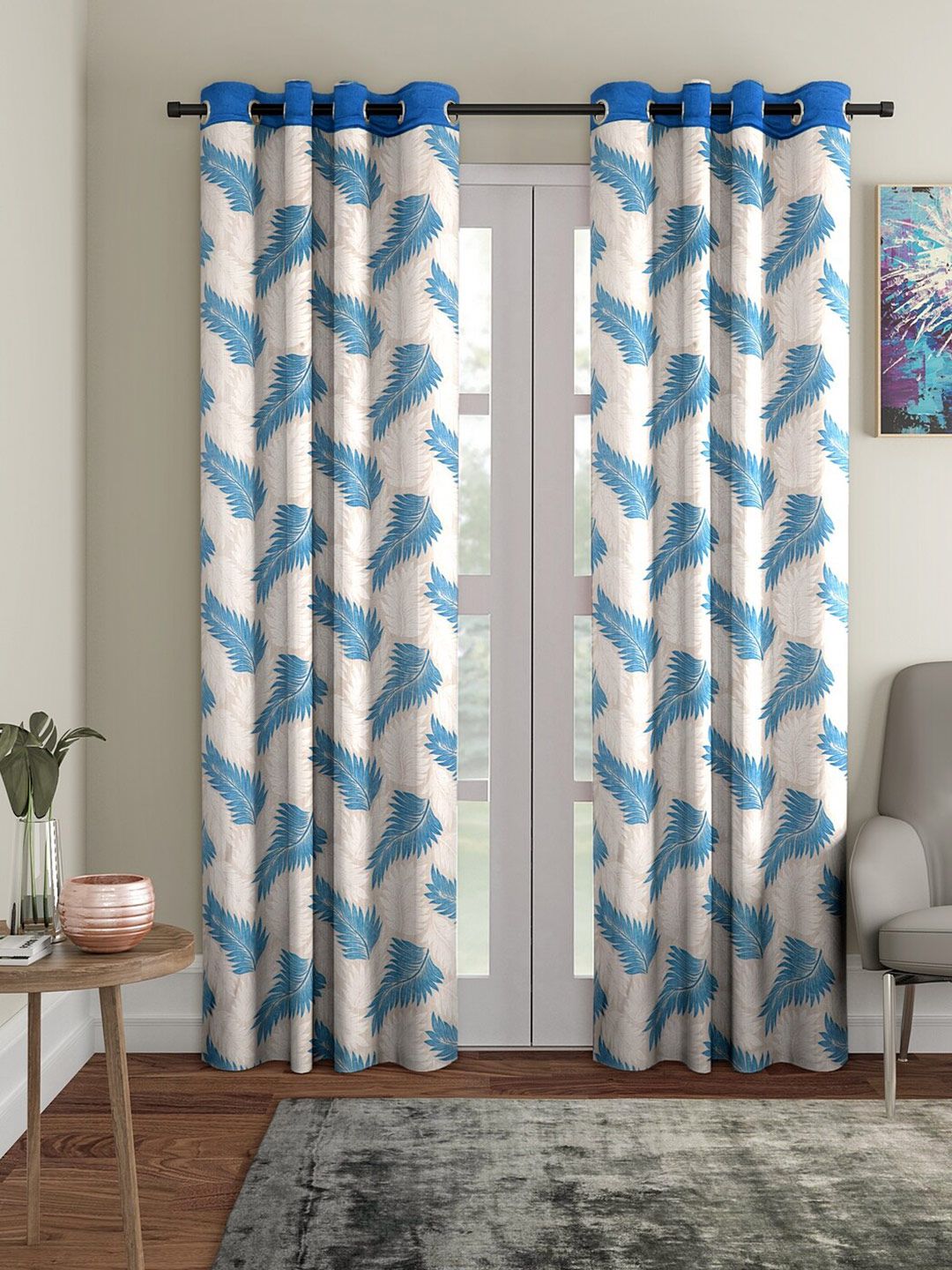 Cortina Cream-Coloured & Blue 2 Pcs Floral Long Door Curtains