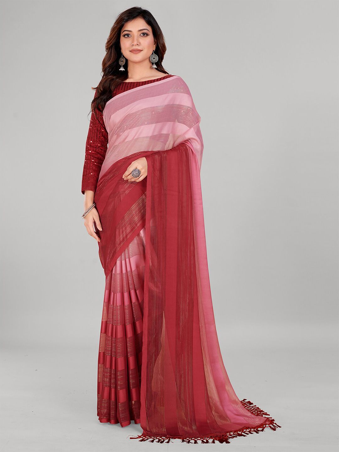 Mitera Rose & Maroon Striped Art Silk Saree Price in India