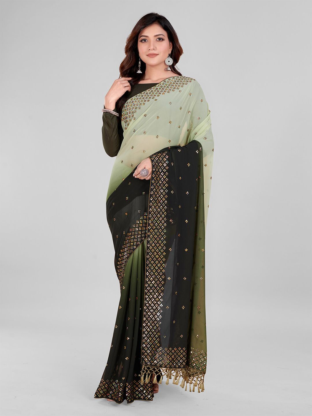 Mitera Green & Gold-Toned Embellished Sequinned Pure Georgette Saree Price in India