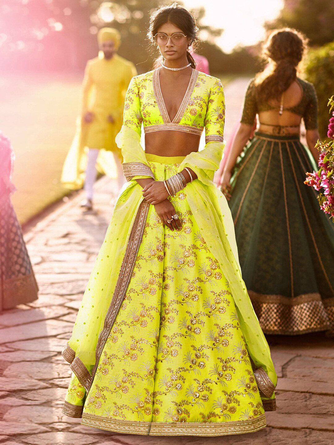 FABPIXEL Lime Green & Gold-Toned Embroidered Sequinned Semi-Stitched Lehenga & Unstitched Blouse With Price in India