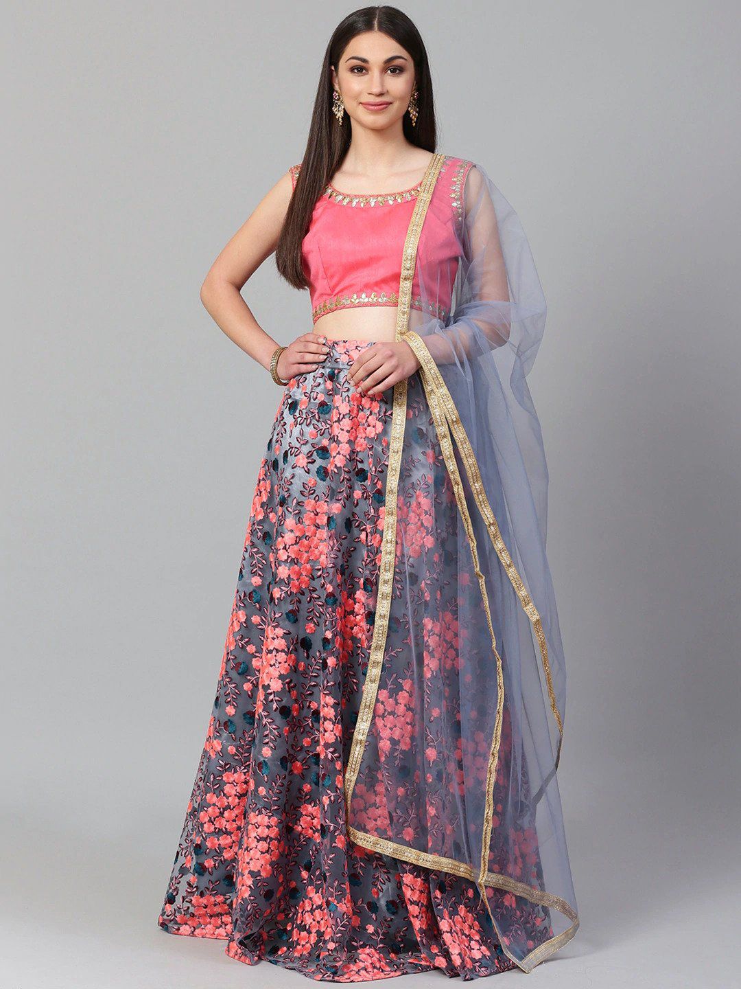 FABPIXEL Grey & Pink Thread Work Semi-Stitched Lehenga & Unstitched Blouse With Dupatta Price in India