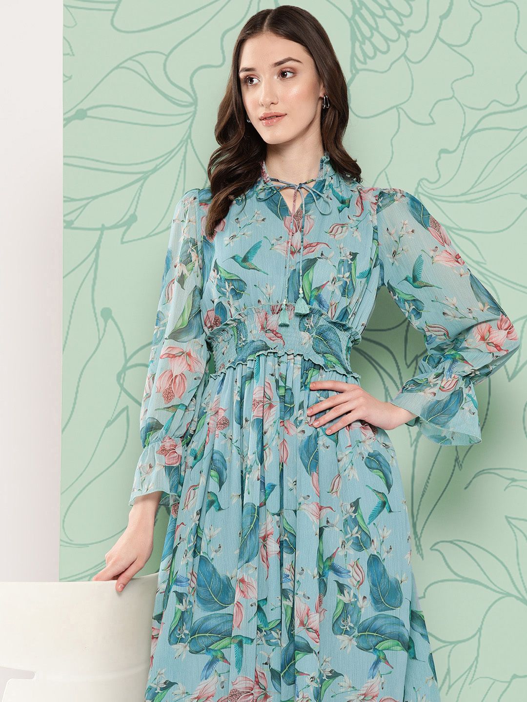 Nayam By Lakshita Floral Print Tie-Up Neck Puff Sleeve Chiffon A-Line Dress Price in India