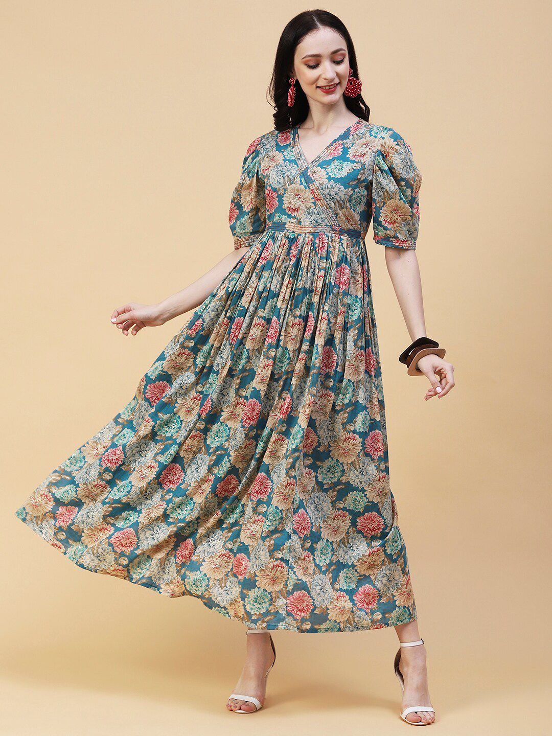 FASHOR Floral Printed Cotton Wrap Maxi Dress Price in India